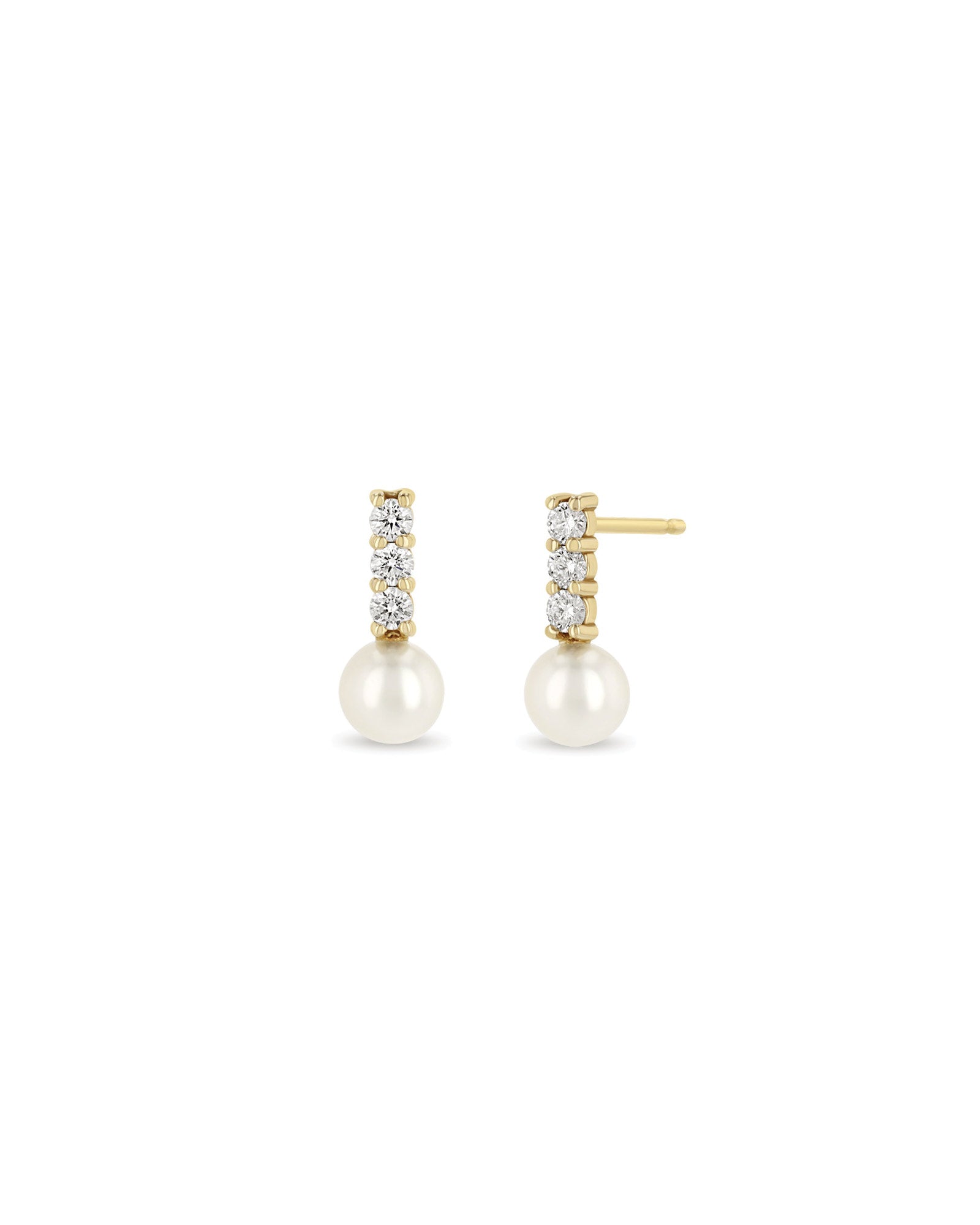 Diamond Bar + Pearl Drop Studs 14k Yellow Gold, Diamond