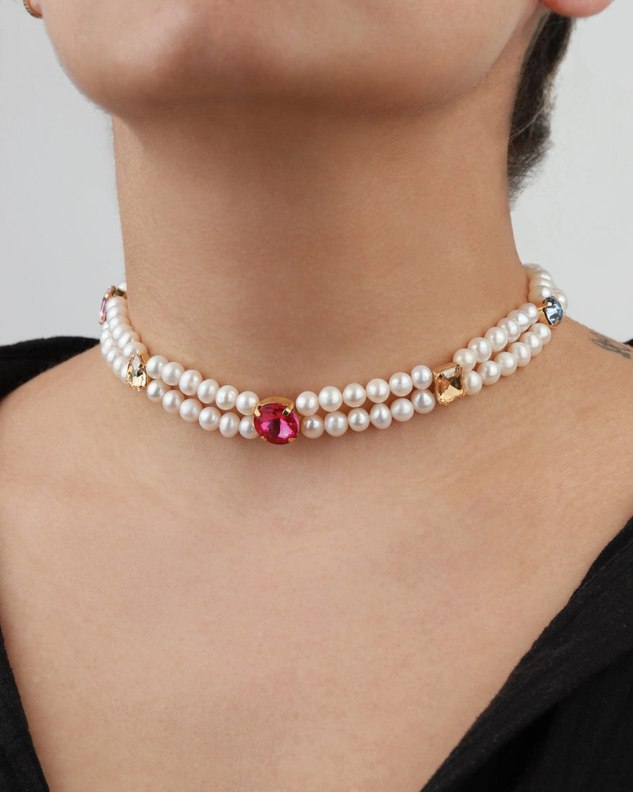 Martha Calvo-Audrey Necklace-Necklaces-14k Gold Plated, Freshwater Pearls-Blue Ruby Jewellery-Vancouver Canada