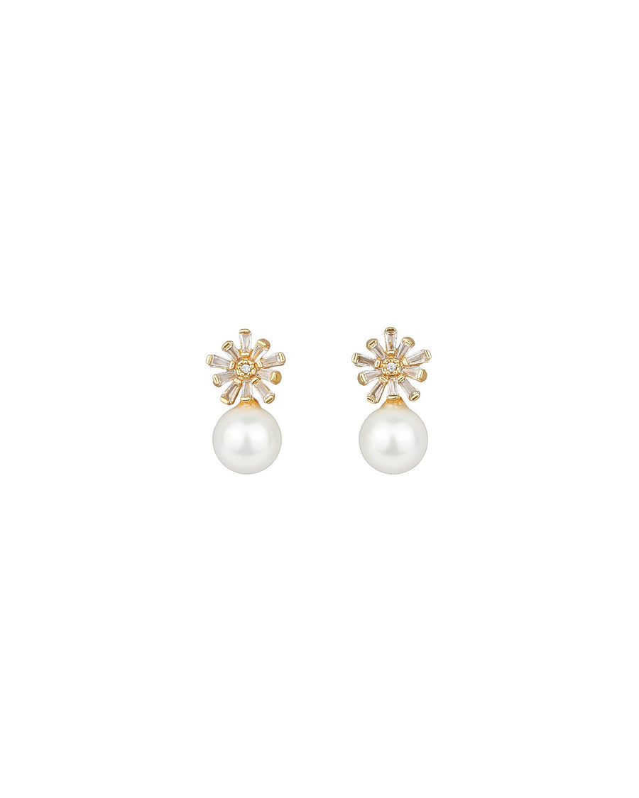 Tai-Baguette Flower + Pearl Drop Earrings-Earrings-14k Gold Plated, Cubic Zirconia-Blue Ruby Jewellery-Vancouver Canada