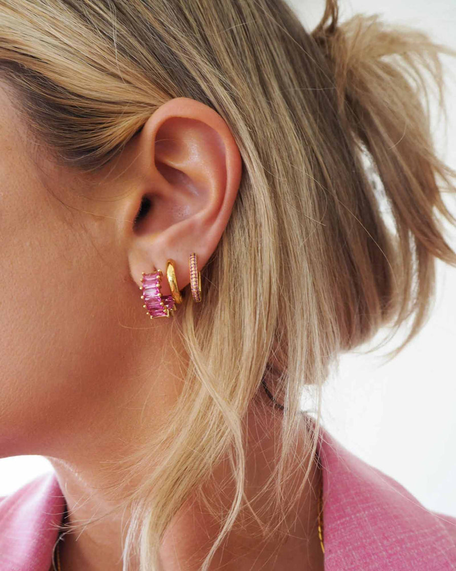 Luv AJ-Ballier Huggies-Earrings-14k Gold Plated, Pink Cubic Zirconia-Blue Ruby Jewellery-Vancouver Canada