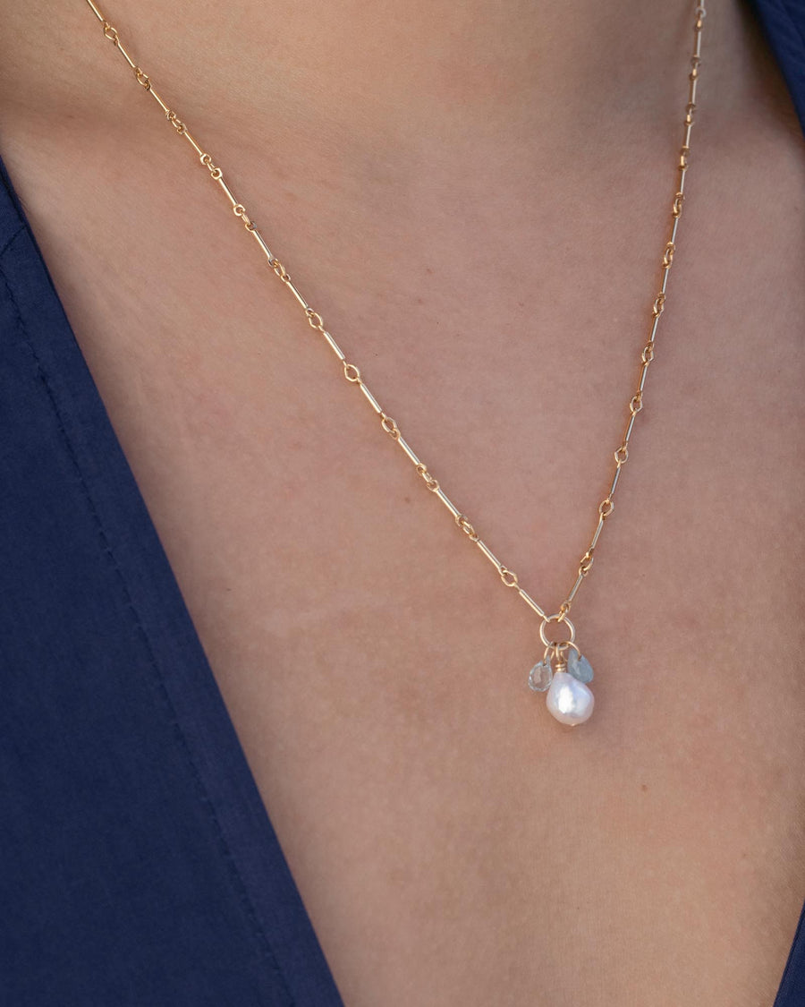 Cause We Care-Bar Link Pearl + Stone Drop Necklace-Necklaces-14k Gold-fill, Freshwater Pearl, Aquamarine, Blue Topaz-Blue Ruby Jewellery-Vancouver Canada