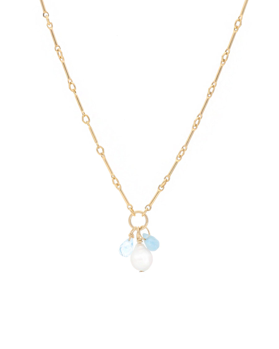 Cause We Care-Bar Link Pearl + Stone Drop Necklace-Necklaces-14k Gold-fill, Freshwater Pearl, Aquamarine, Blue Topaz-Blue Ruby Jewellery-Vancouver Canada