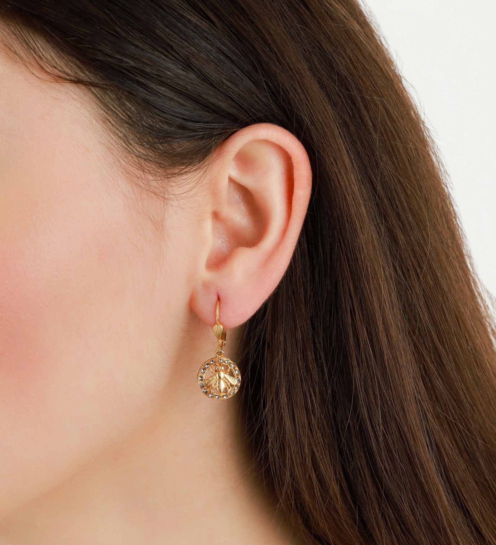 La Vie Parisienne-Bee In Crystal Circle Hooks-Earrings-14k Gold Plated, Black Diamond Crystal-Blue Ruby Jewellery-Vancouver Canada