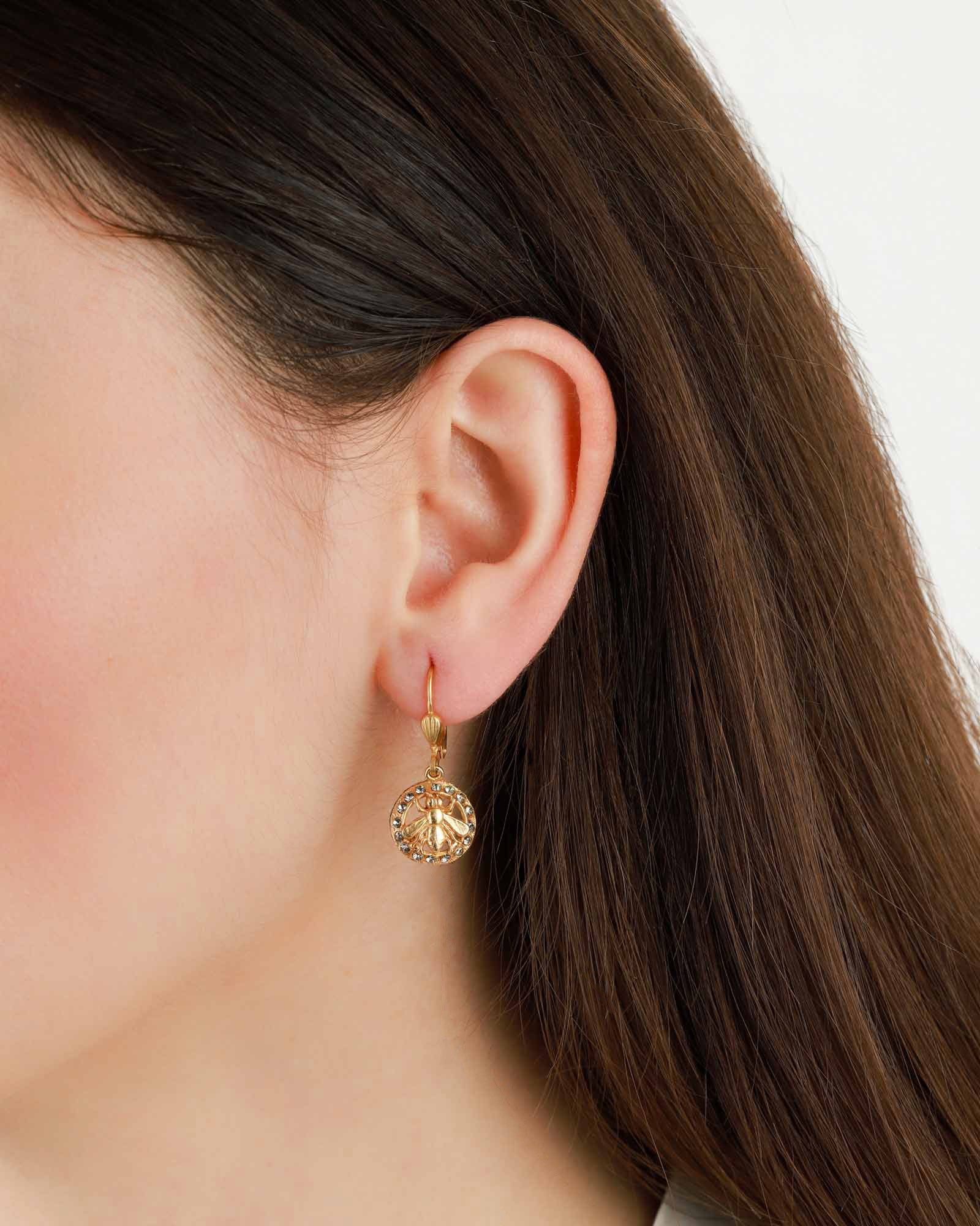 La Vie Parisienne-Bee In Crystal Circle Hooks-Earrings-14k Gold Plated, Black Diamond Crystal-Blue Ruby Jewellery-Vancouver Canada