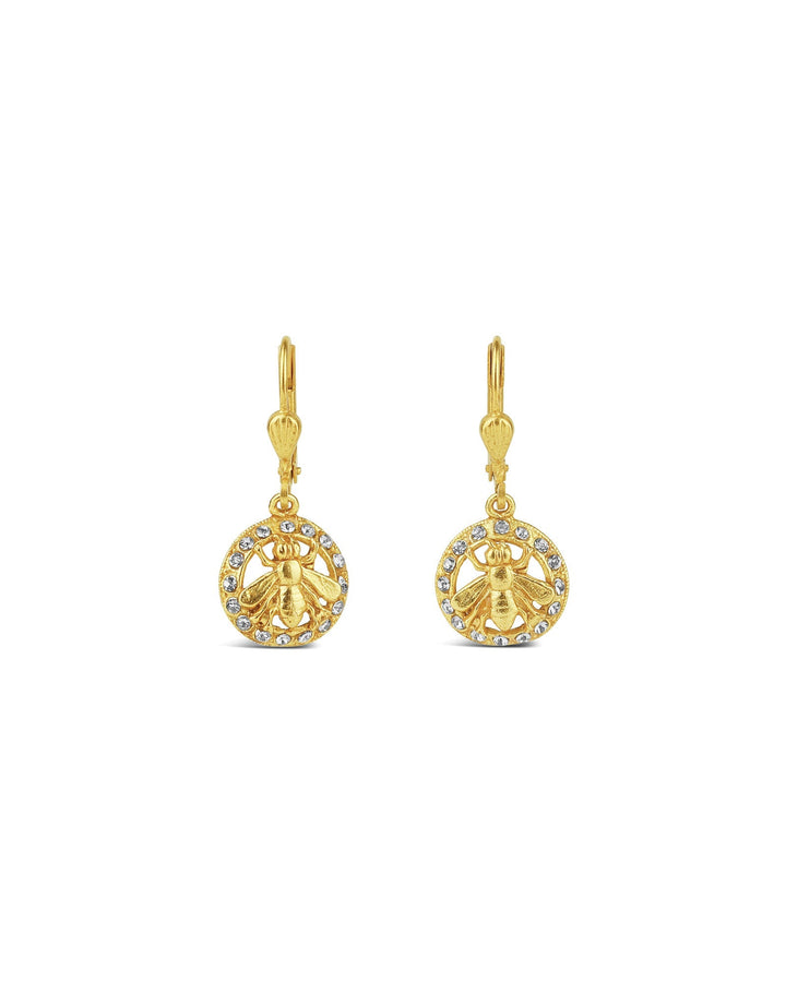 La Vie Parisienne-Bee In Crystal Circle Hooks-Earrings-14k Gold Plated, Black Diamond Crystal-Blue Ruby Jewellery-Vancouver Canada