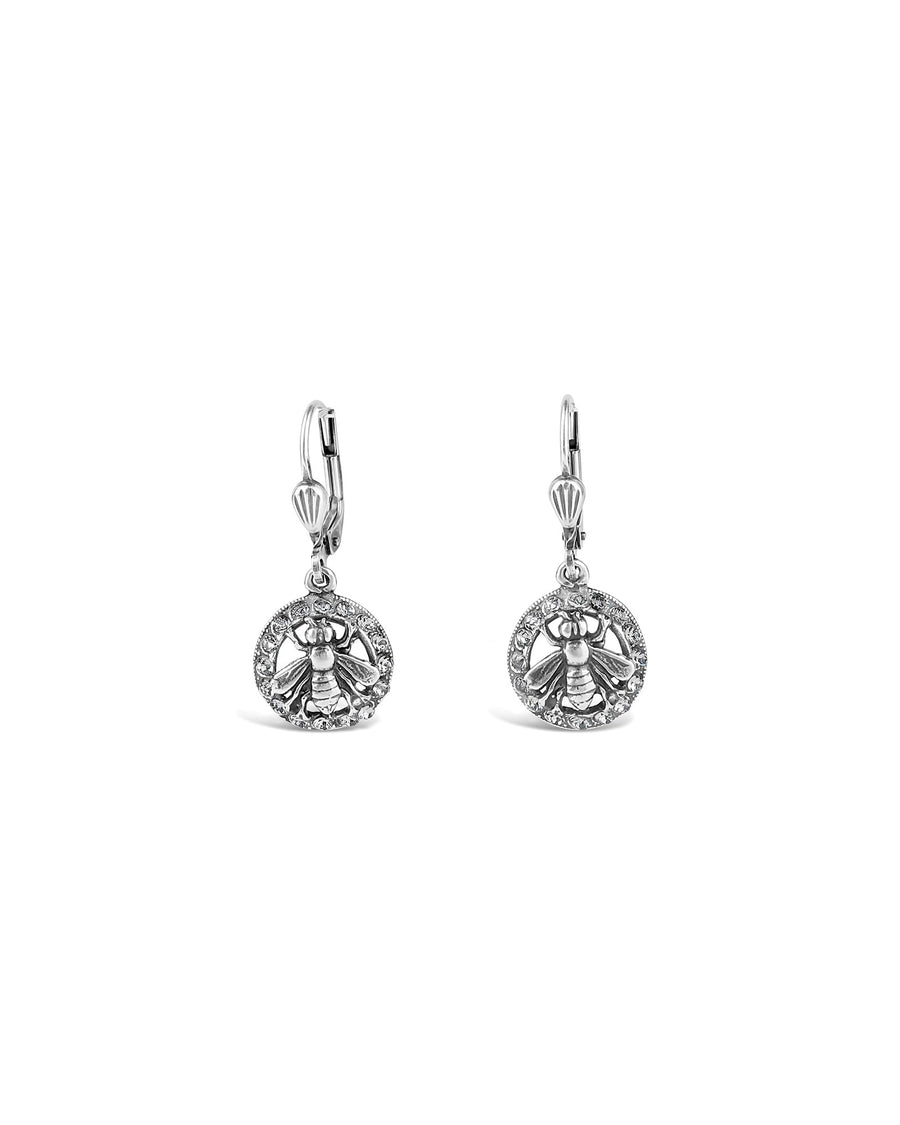 La Vie Parisienne-Bee In Crystal Circle Hooks-Earrings-Sterling Silver Plated, Black Diamond Crystal-Blue Ruby Jewellery-Vancouver Canada