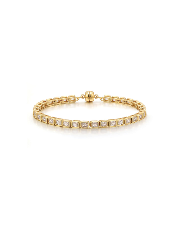 Luv AJ-Bezel Emerald Ballier Bracelet-Bracelets-14k Gold Plated, Clear Cubic Zirconia-Blue Ruby Jewellery-Vancouver Canada