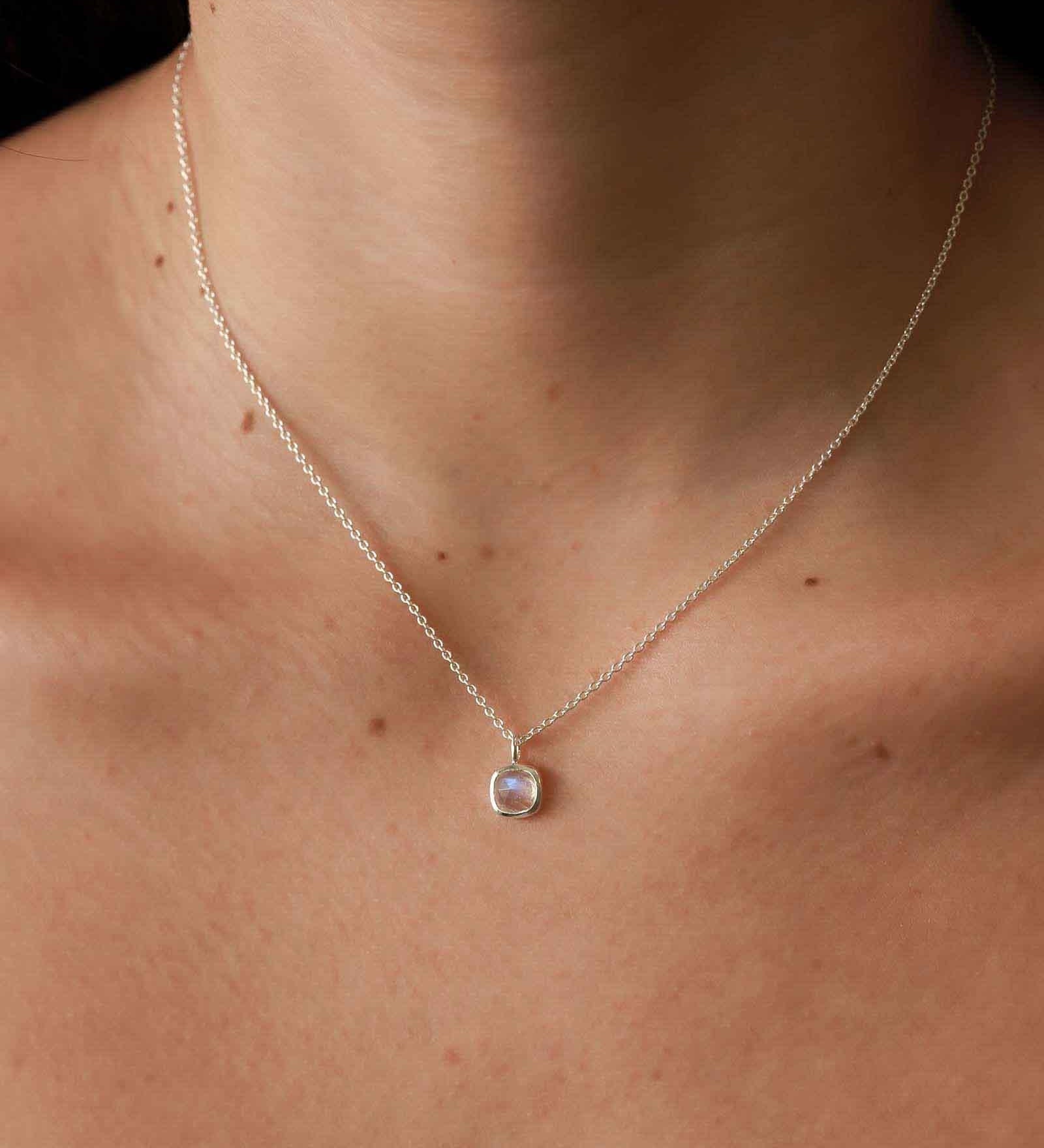 Tashi-Bezel Square Moonstone Necklace-Necklaces-Sterling Silver, Rainbow Moonstone-Blue Ruby Jewellery-Vancouver Canada