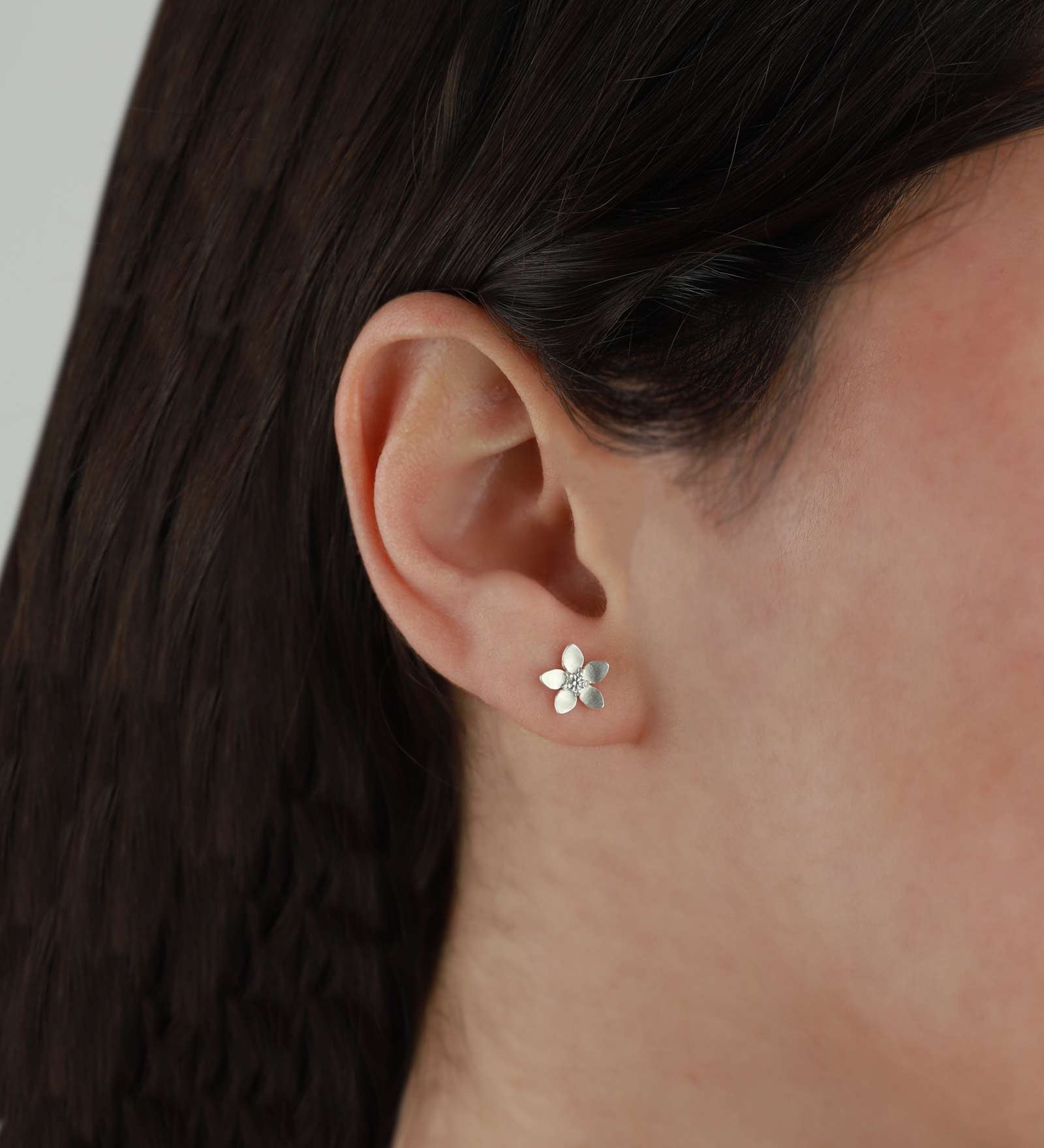 Tashi-Blossom Studs-Earrings-Brushed Sterling Silver, Cubic Zirconia-Blue Ruby Jewellery-Vancouver Canada