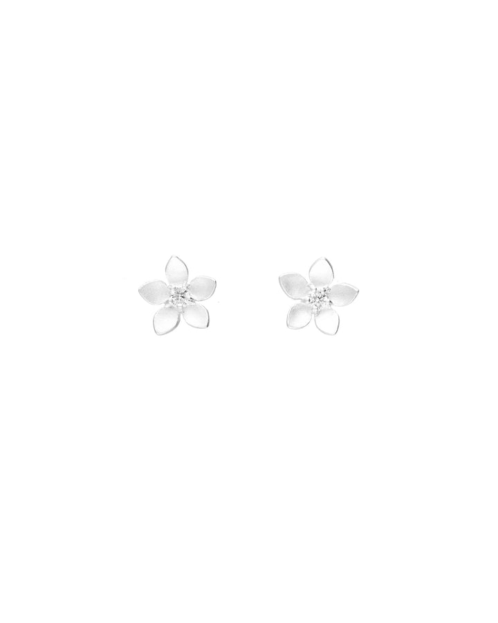 Tashi-Blossom Studs-Earrings-Brushed Sterling Silver, Cubic Zirconia-Blue Ruby Jewellery-Vancouver Canada