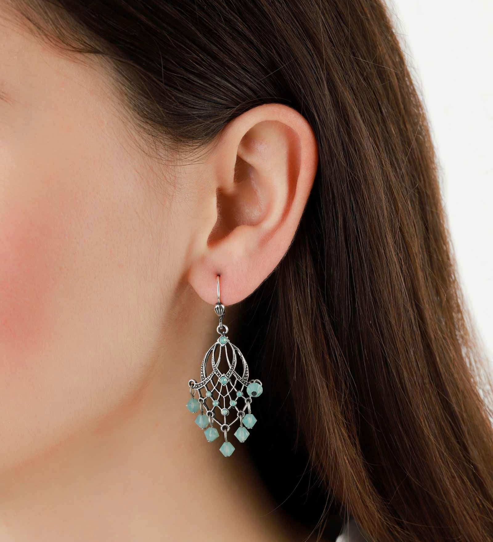 La Vie Parisienne-Cascade Crystal Hooks-Earrings-Sterling Silver Plated, Pacific Opal Crystal-Blue Ruby Jewellery-Vancouver Canada
