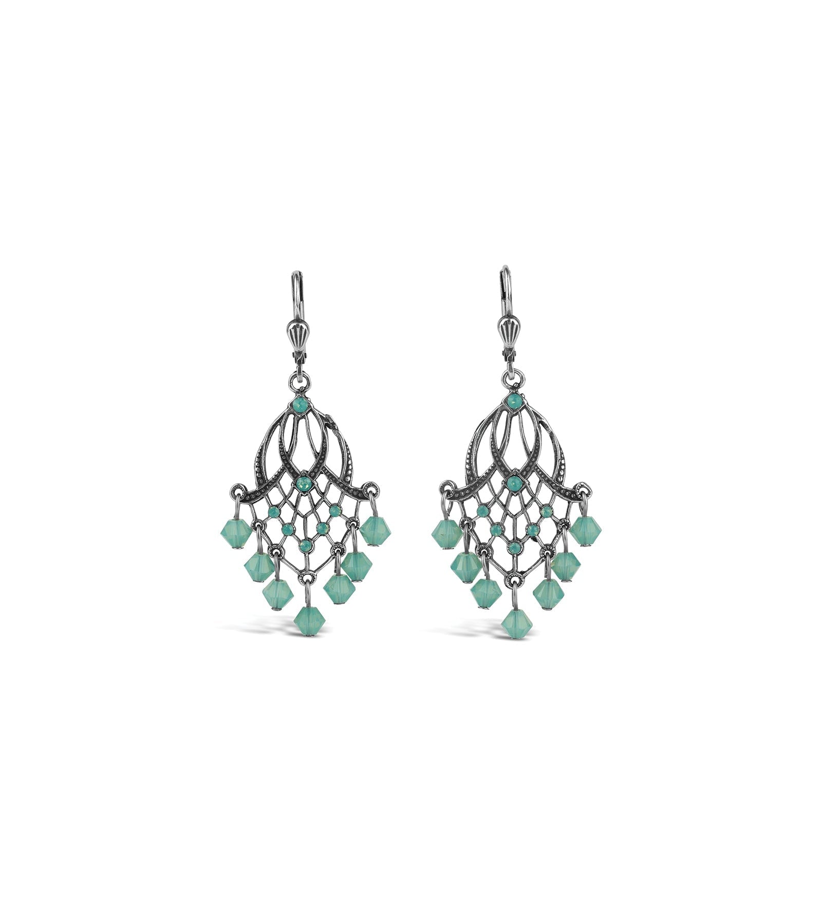 La Vie Parisienne-Cascade Crystal Hooks-Earrings-Sterling Silver Plated, Pacific Opal Crystal-Blue Ruby Jewellery-Vancouver Canada