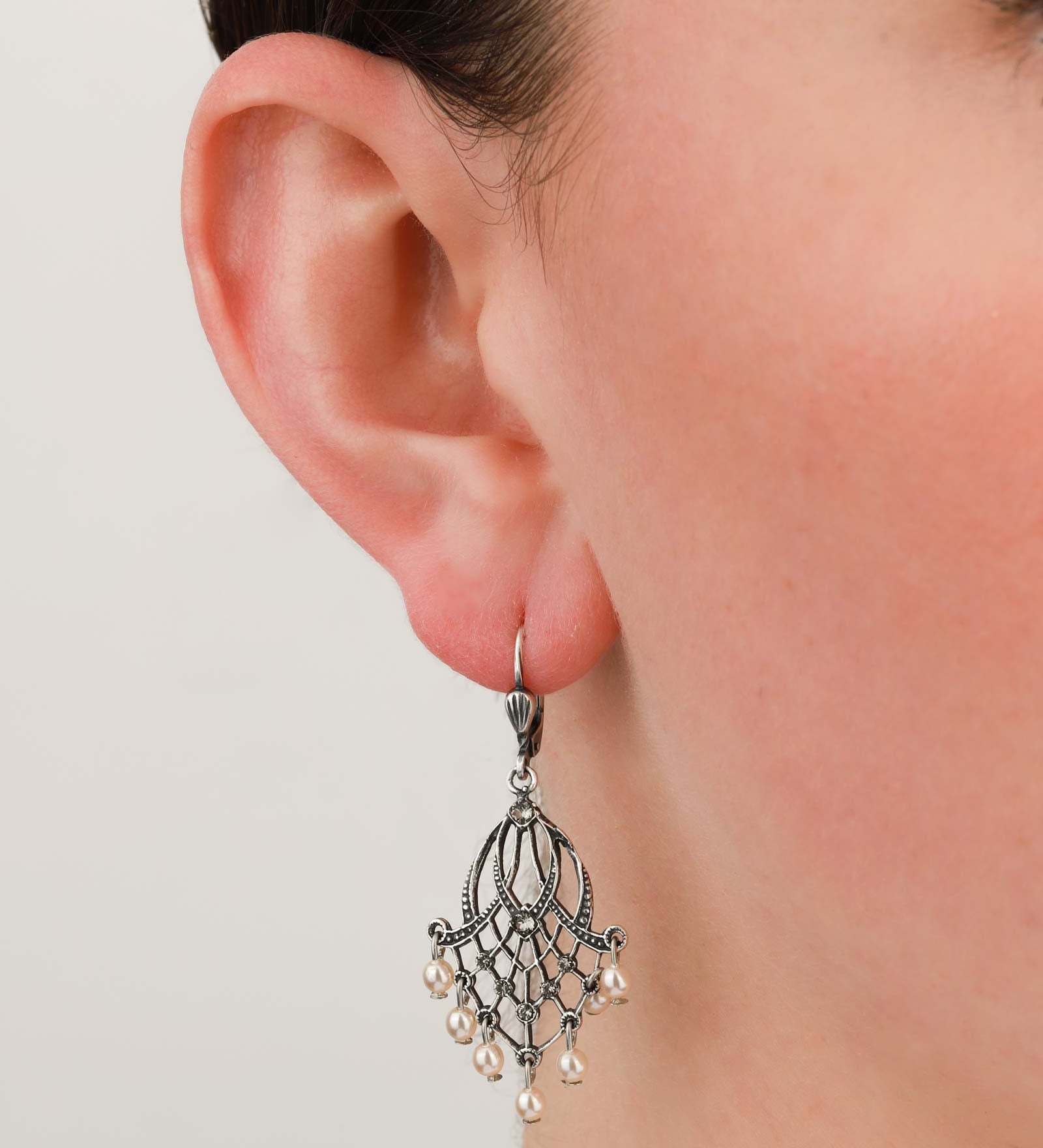 La Vie Parisienne-Cascade Crystal Hooks-Earrings-Sterling Silver Plated, White Pearl-Blue Ruby Jewellery-Vancouver Canada