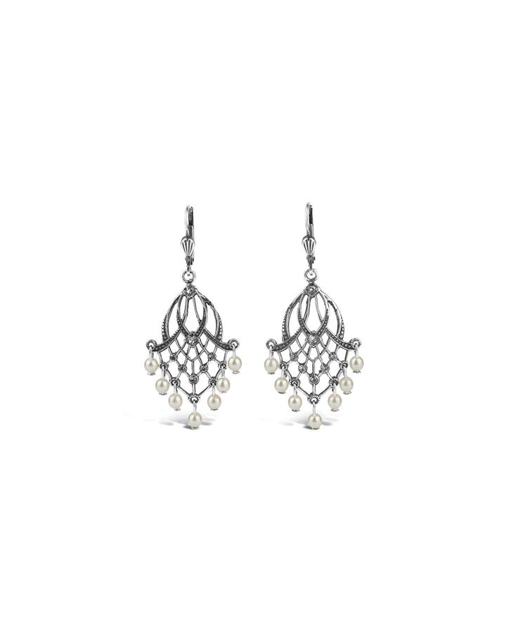 La Vie Parisienne-Cascade Crystal Hooks-Earrings-Sterling Silver Plated, White Pearl-Blue Ruby Jewellery-Vancouver Canada
