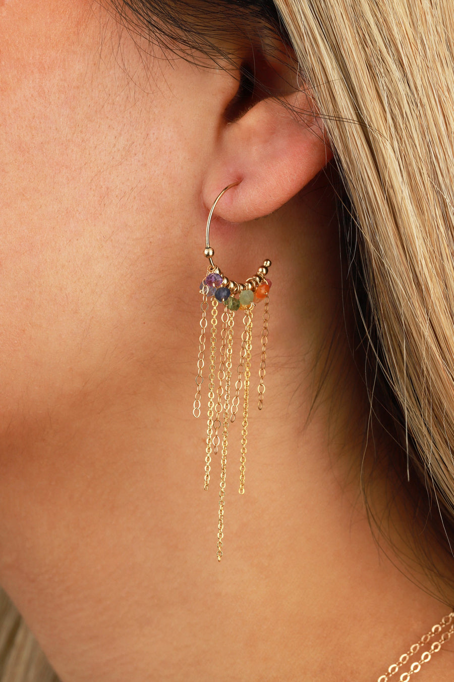 Gem Jar-Chain Stone Drop Hoops-Earrings-14k Gold Filled, Multi-Blue Ruby Jewellery-Vancouver Canada