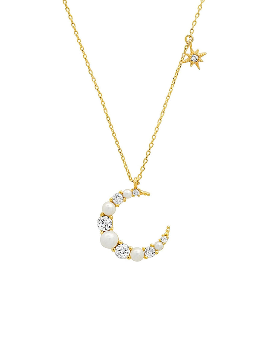 Tai-Crescent Moon Necklace-Necklaces-Gold Plated, Freshwater Pearl, Cubic Zirconia-Blue Ruby Jewellery-Vancouver Canada
