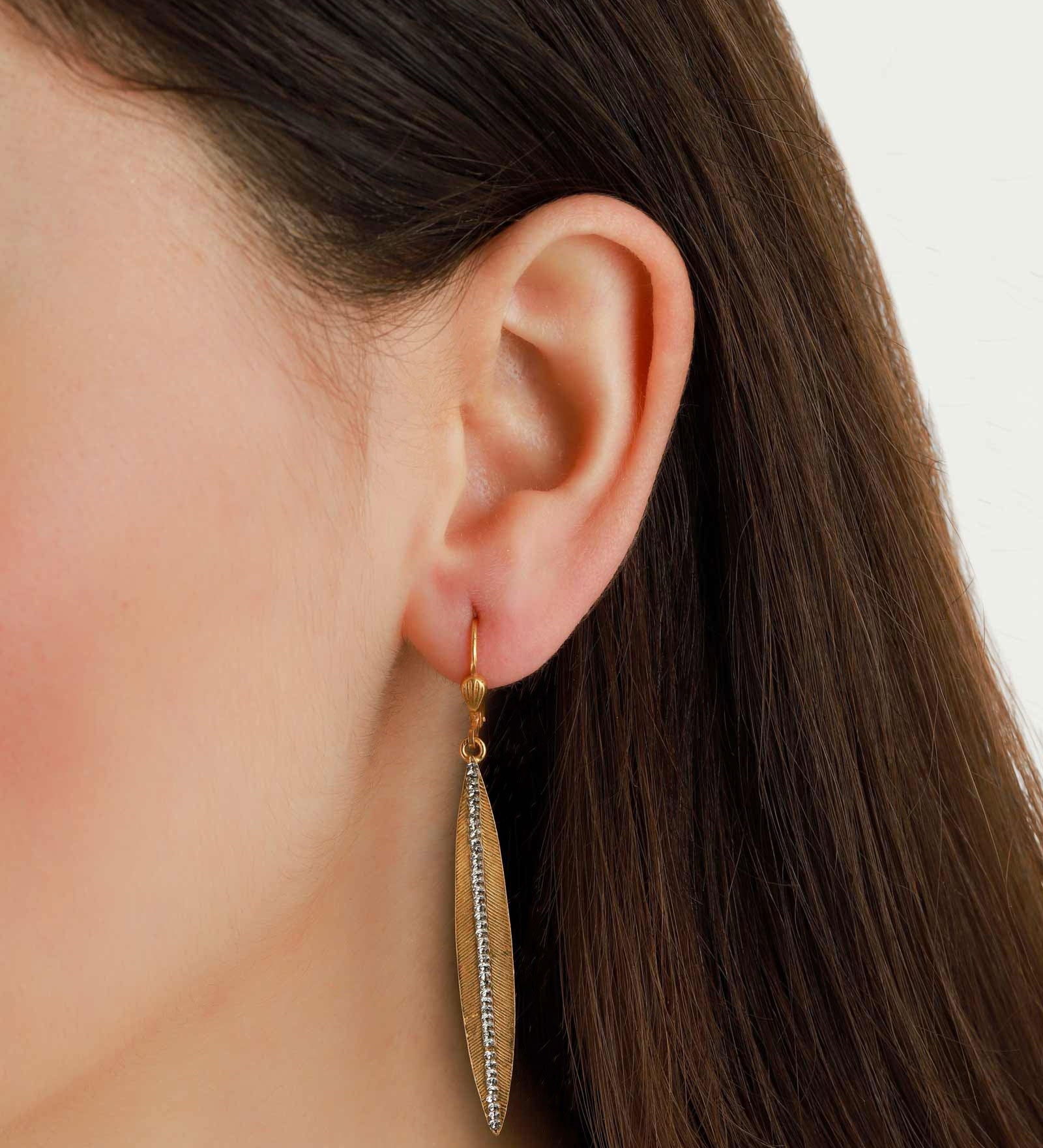 La Vie Parisienne-Crystal Long Leaf Hooks-Earrings-14k Gold plated Black Diamond Crystal-Blue Ruby Jewellery-Vancouver Canada