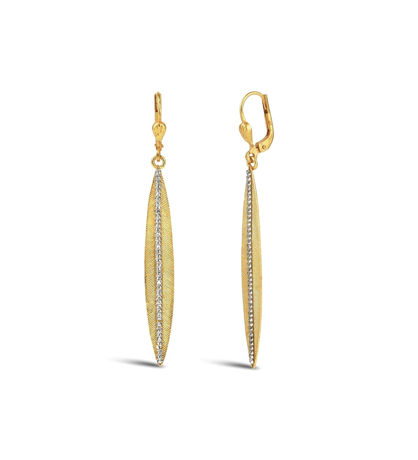 La Vie Parisienne-Crystal Long Leaf Hooks-Earrings-14k Gold plated Black Diamond Crystal-Blue Ruby Jewellery-Vancouver Canada