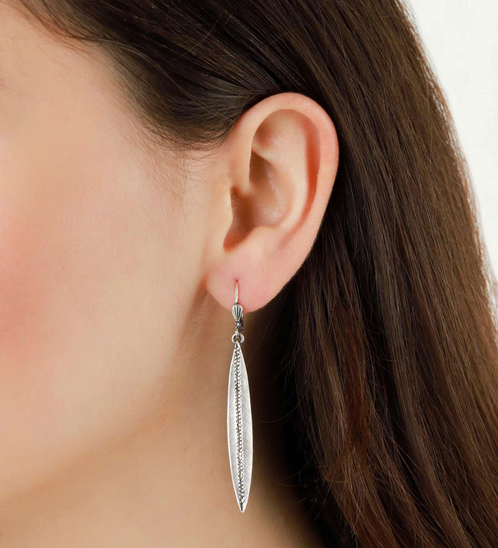 La Vie Parisienne-Crystal Long Leaf Hooks-Earrings-Sterling Silver Plated, Black Diamond Crystal-Blue Ruby Jewellery-Vancouver Canada