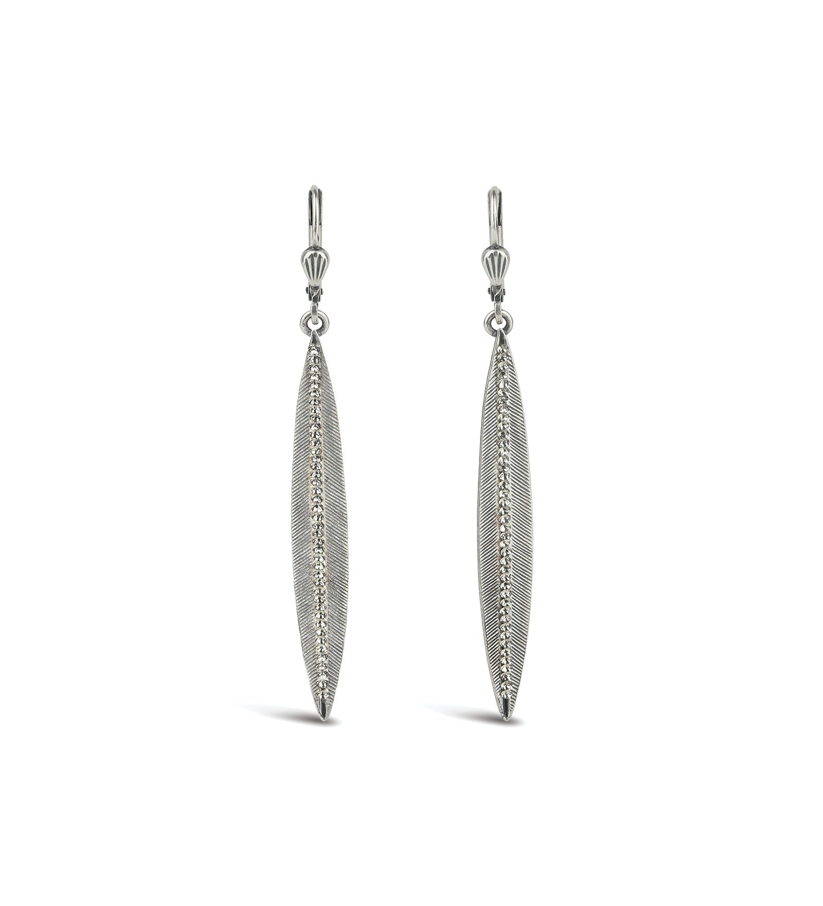 La Vie Parisienne-Crystal Long Leaf Hooks-Earrings-Sterling Silver Plated, Black Diamond Crystal-Blue Ruby Jewellery-Vancouver Canada