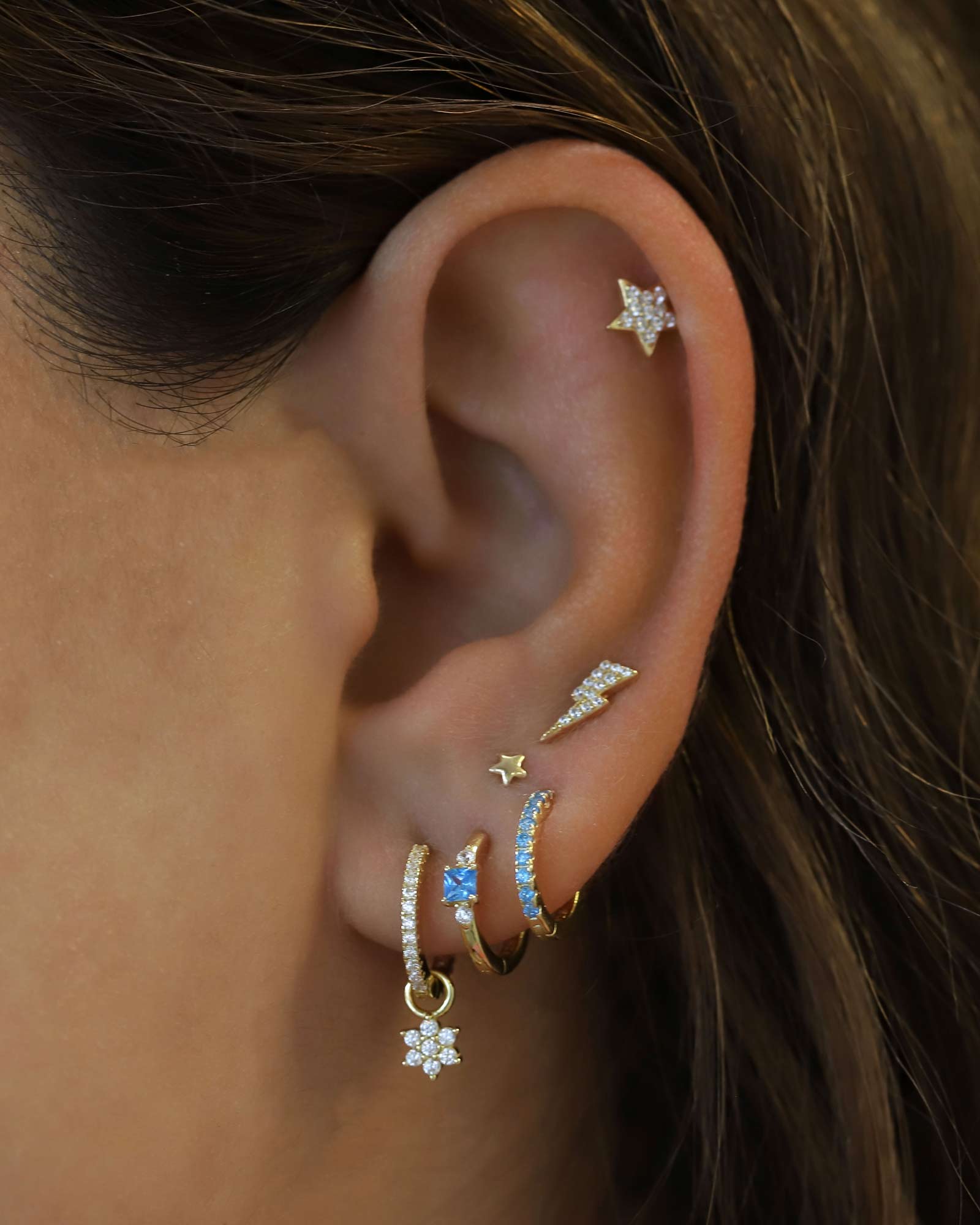 Quiet Icon-CZ Flower Drop Huggies I 12mm-Earrings-14k Gold Vermeil, Cubic Zirconia-Blue Ruby Jewellery-Vancouver Canada