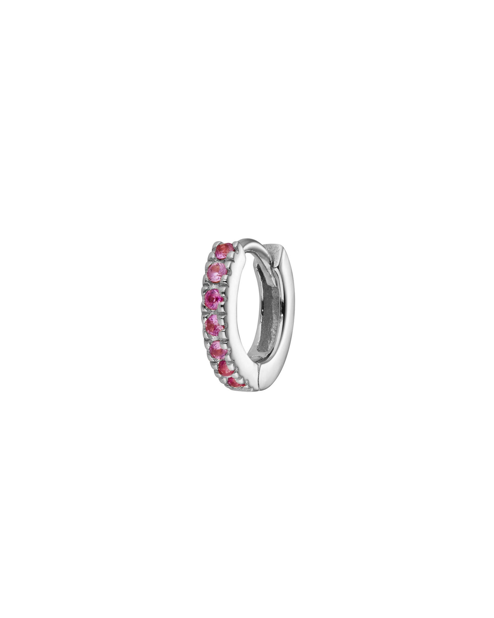 Quiet Icon-CZ Huggie I 8mm-Earrings-Rhodium Plated Sterling Silver-Pink-Blue Ruby Jewellery-Vancouver Canada