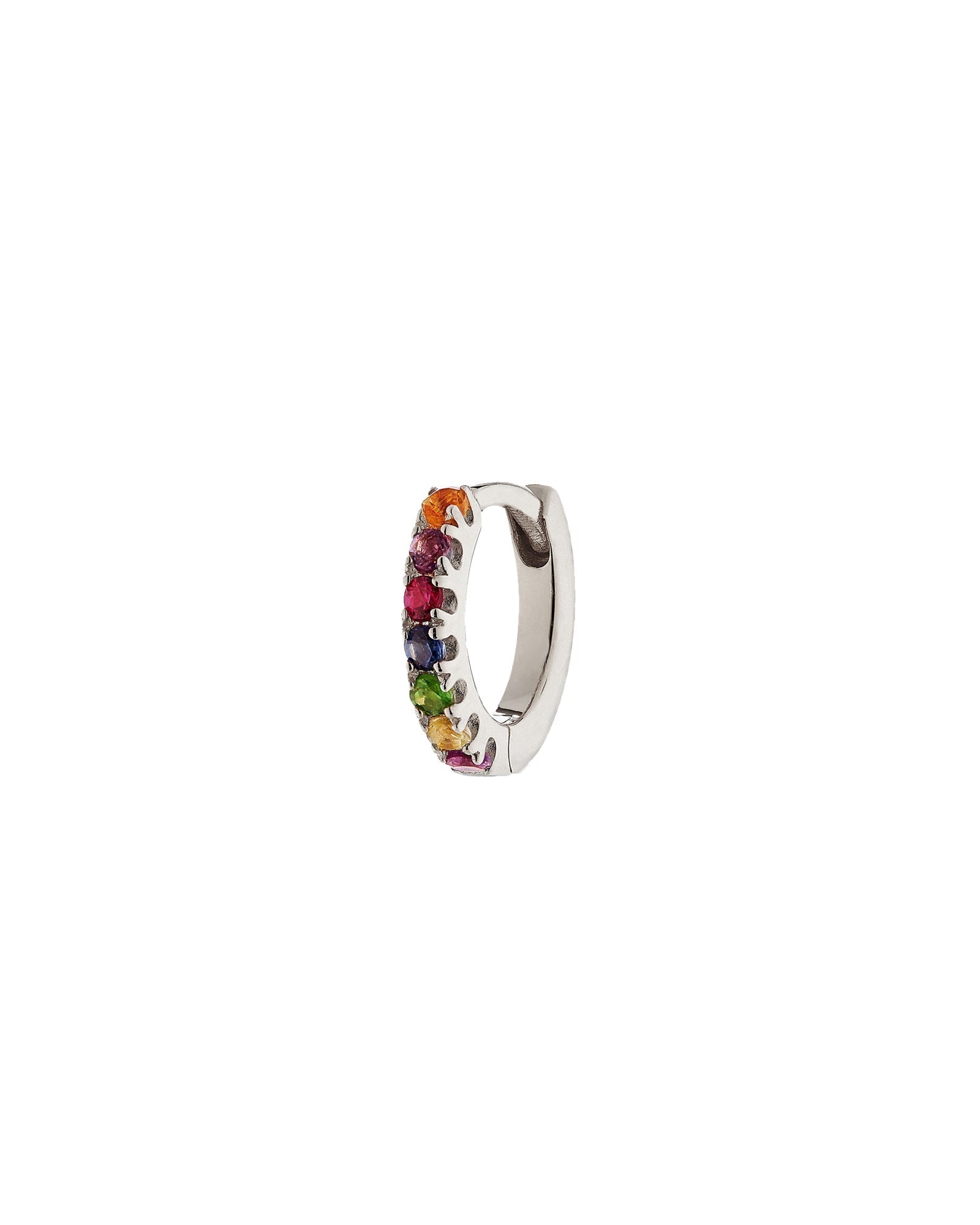 Quiet Icon-CZ Huggie I 8mm-Earrings-Rhodium Plated Sterling Silver-Rainbow-Blue Ruby Jewellery-Vancouver Canada