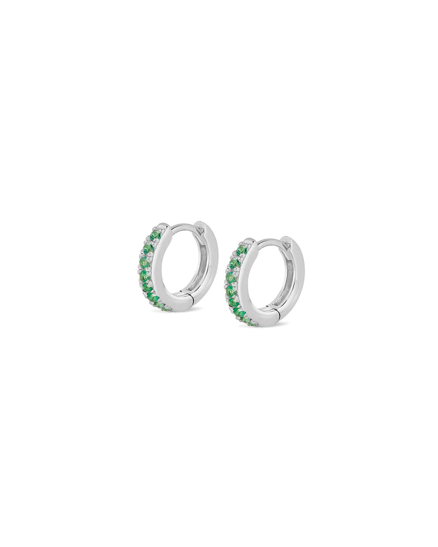 Quiet Icon-Cz Huggies | 11mm-Earrings-Rhodium Plated Sterling Silver, Green Cubic Zirconia-Blue Ruby Jewellery-Vancouver Canada