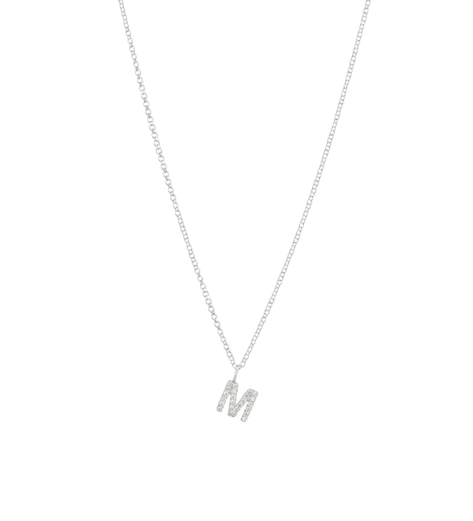Quiet Icon-CZ Initial Necklace-Necklaces-Rhodium Plated Sterling Silver-M-Blue Ruby Jewellery-Vancouver Canada