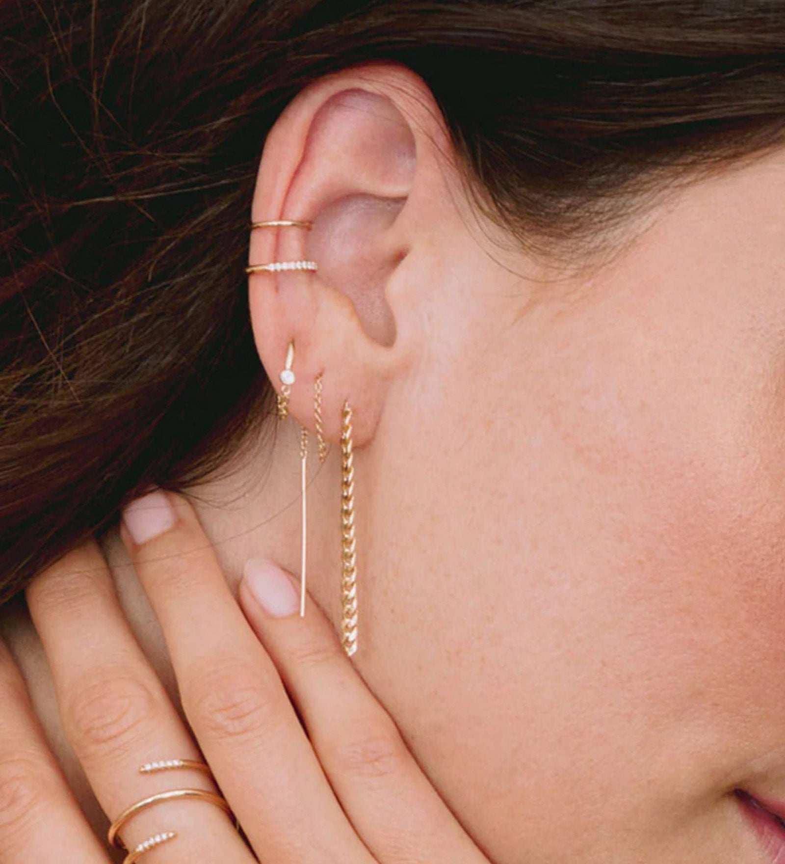 Zoe Chicco-Diamond Bezel Mixed Wire + Chain Huggies-Earrings-14k Yellow Gold, Diamond-Blue Ruby Jewellery-Vancouver Canada