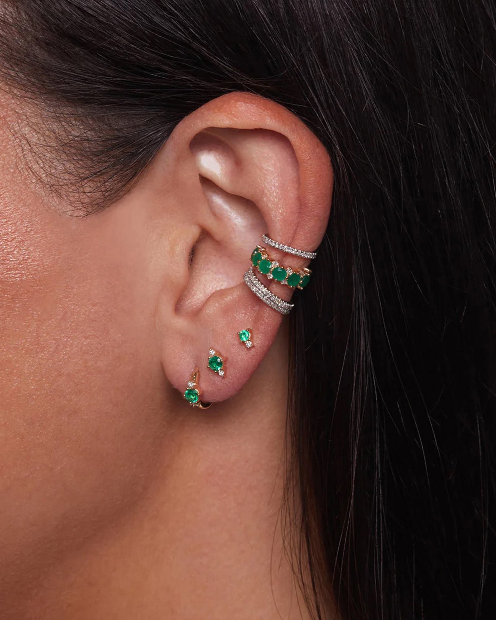 Adina Reyter-Diamond + Emerald Trio Huggie Hoops-Earrings-14k Yellow Gold, Diamond-Blue Ruby Jewellery-Vancouver Canada