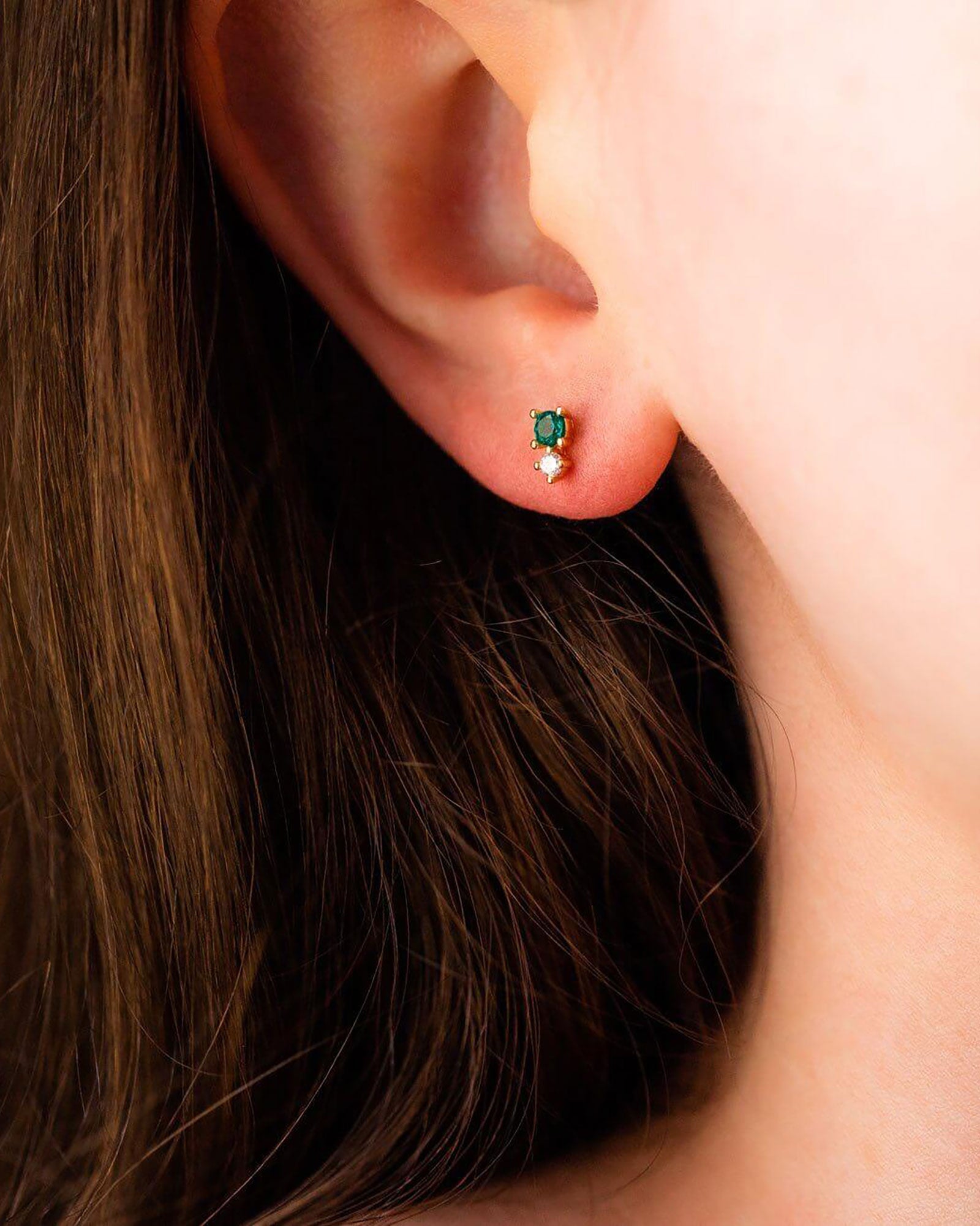 Quiet Icon-Double Emerald CZ Stud-Earrings-14k Gold Vermeil, Cubic Zirconia-Blue Ruby Jewellery-Vancouver Canada