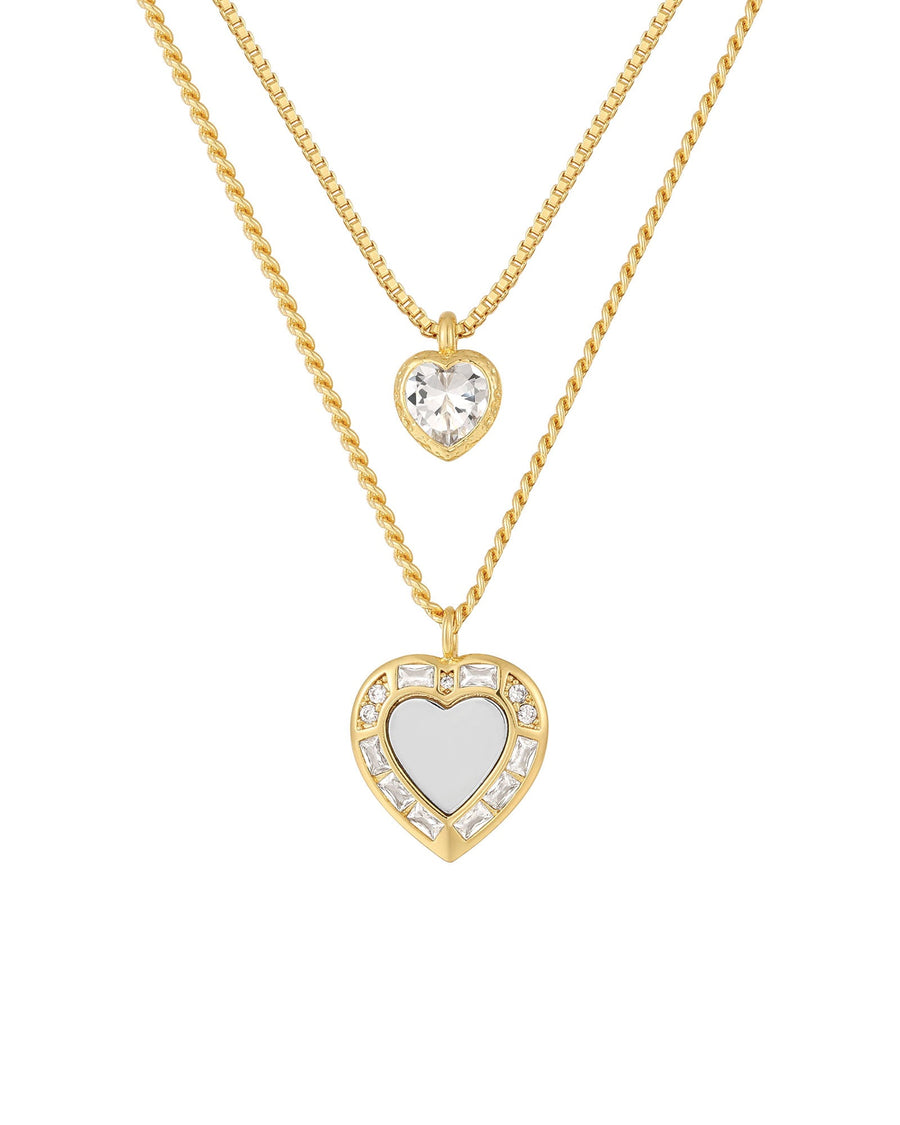 Luv AJ-Double Heart Charm Necklace-Necklaces-14k Gold Plated, Cubic Zirconia-Clear/Gold-Blue Ruby Jewellery-Vancouver Canada