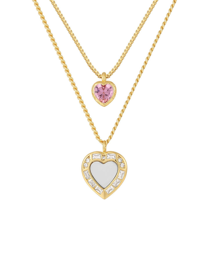 Luv AJ-Double Heart Charm Necklace-Necklaces-14k Gold Plated, Cubic Zirconia, Pink/Gold-Blue Ruby Jewellery-Vancouver Canada