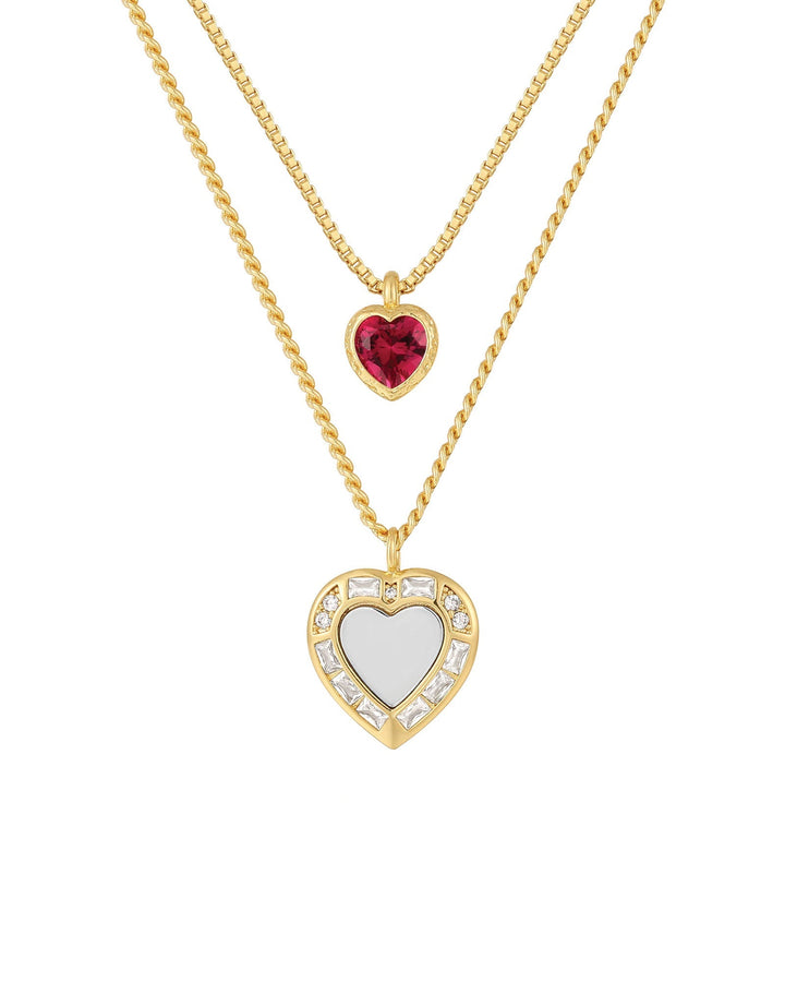 Luv AJ-Double Heart Charm Necklace-Necklaces-14k Gold Plated, Cubic Zirconia, Red/Gold-Blue Ruby Jewellery-Vancouver Canada