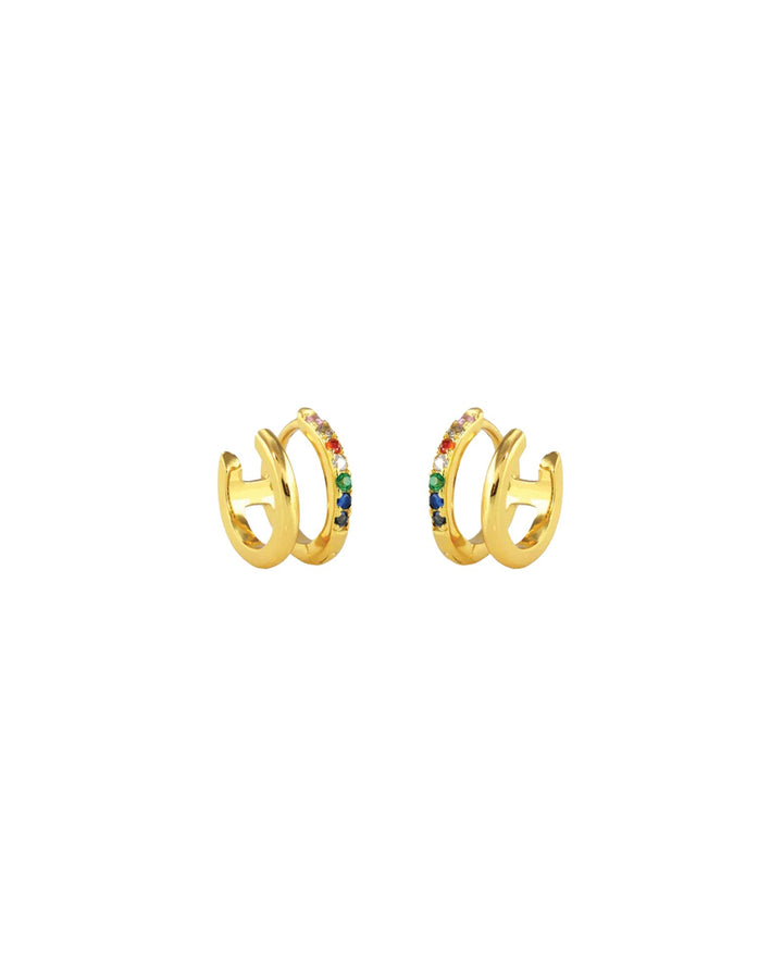 Kris Nations-Double Pave Huggies-Earrings-18k Gold Vermeil, Rainbow Cubic Zirconia-Blue Ruby Jewellery-Vancouver Canada