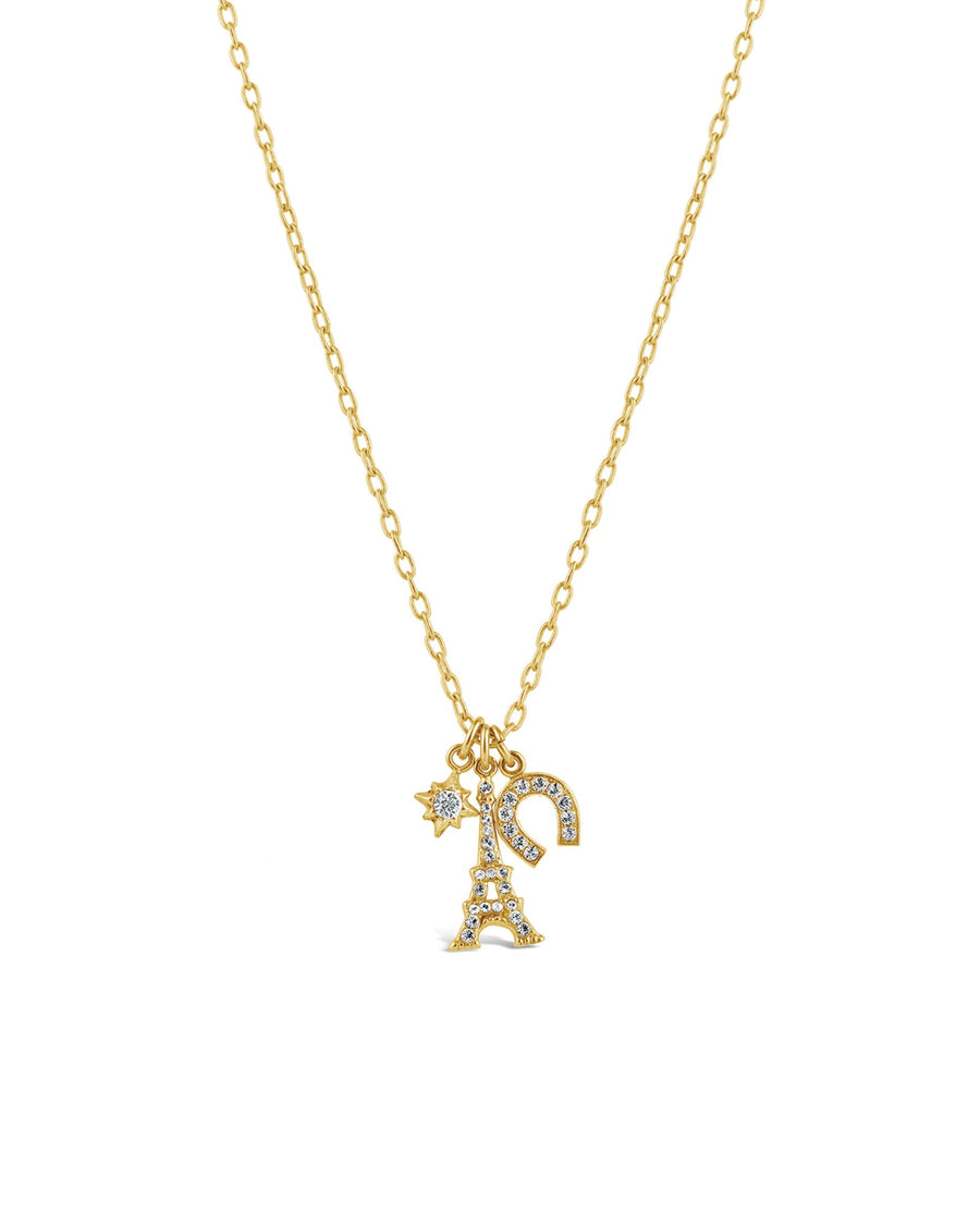 La Vie Parisienne-Eiffel Tower Horseshoe Necklace-Necklaces-14k Gold Plated, White Crystal-Blue Ruby Jewellery-Vancouver Canada