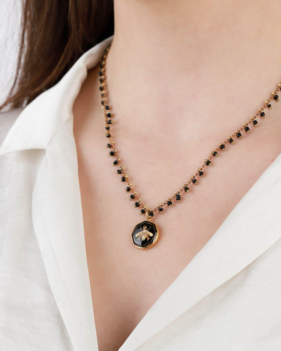 La Vie Parisienne-Enamel Bee Circle Necklace-Necklaces-14k Gold Plated, Black Enamel-Blue Ruby Jewellery-Vancouver Canada