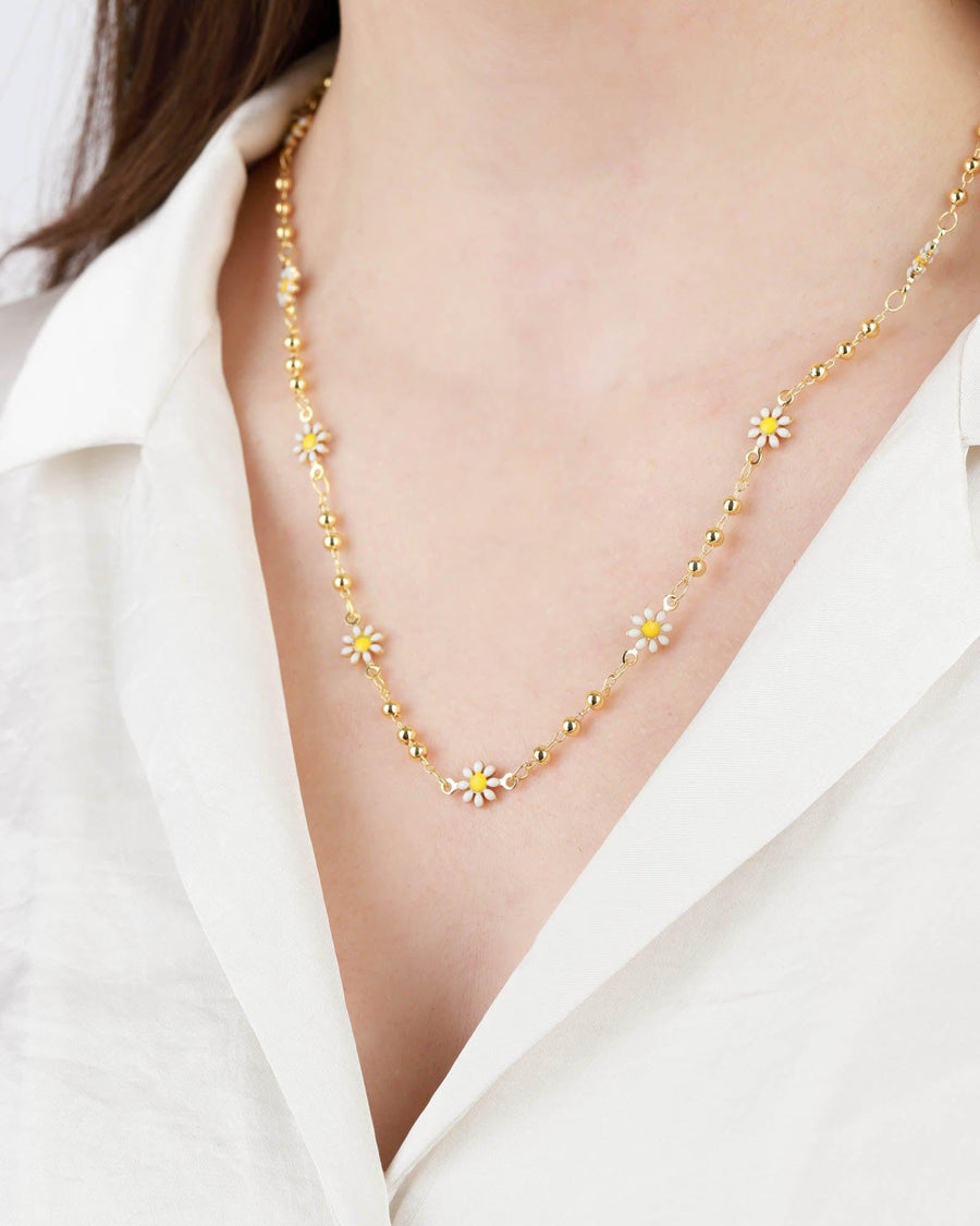 La Vie Parisienne-Enamel Daisy Ball Chain Necklace-Necklaces-14k Gold Plated, White Enamel, Yellow Enamel-Blue Ruby Jewellery-Vancouver Canada