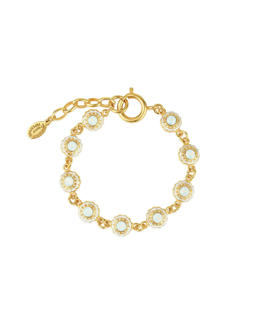 La Vie Parisienne-Enamel Flower Stone Bracelet-Bracelets-14k Gold Plated, White Enamel, Aurora Borealis Crystal-Blue Ruby Jewellery-Vancouver Canada