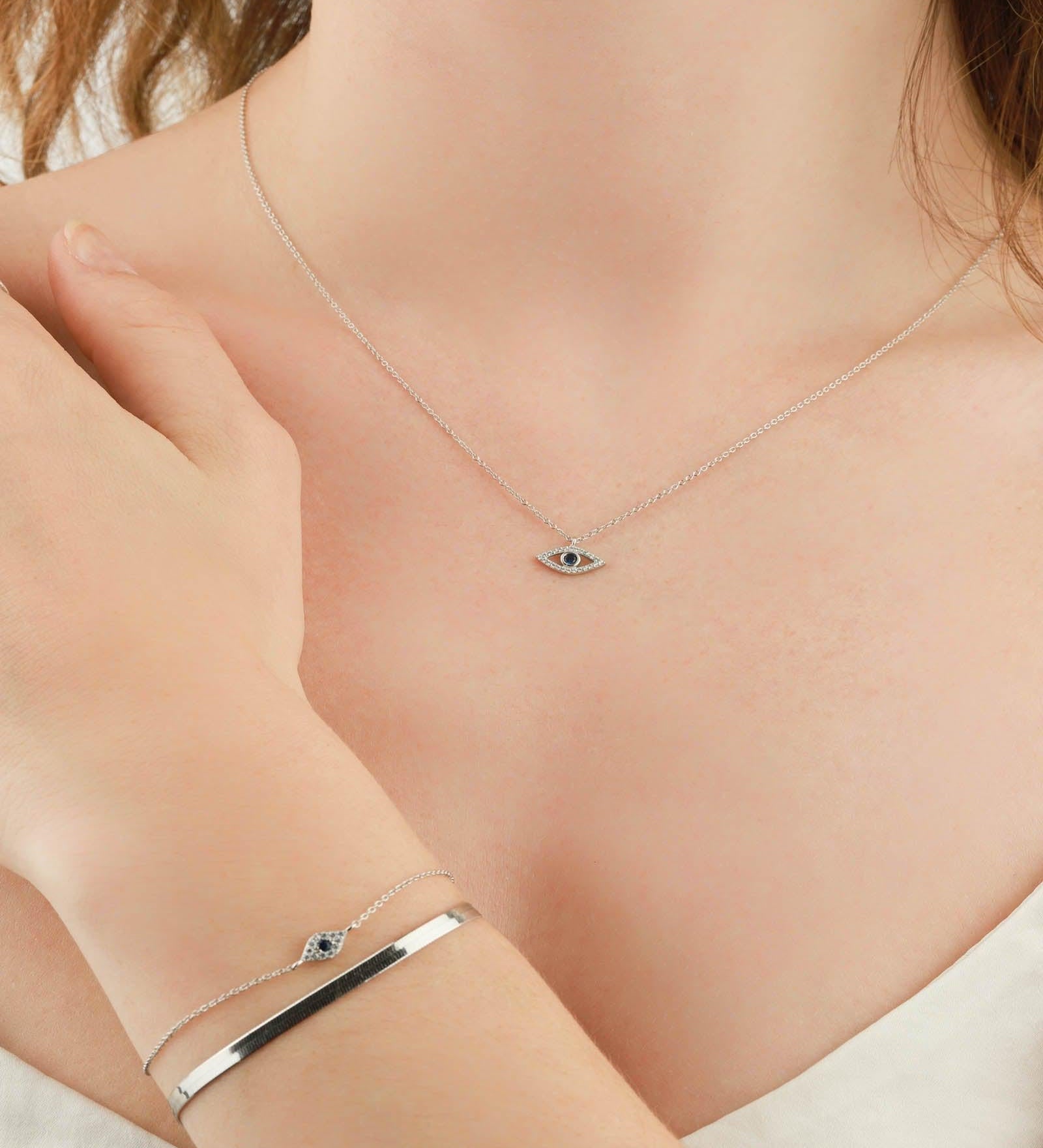 Quiet Icon-Evil Eye CZ Necklace-Necklaces-Rhodium Plated Sterling Silver, White Cubic Zirconia, Blue Cubic Zirconia-Blue Ruby Jewellery-Vancouver Canada
