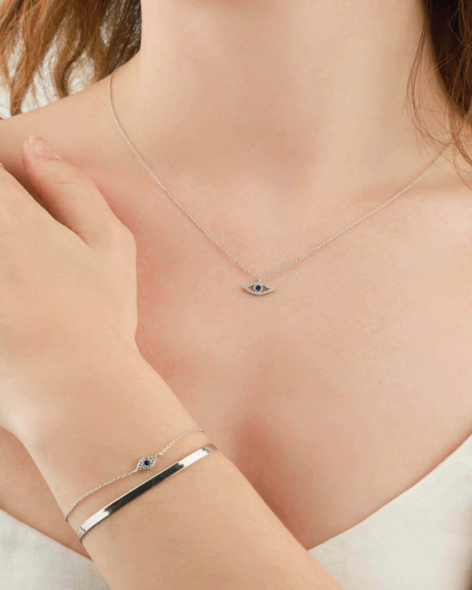 Quiet Icon-Evil Eye CZ Necklace-Necklaces-Rhodium Plated Sterling Silver, White Cubic Zirconia, Blue Cubic Zirconia-Blue Ruby Jewellery-Vancouver Canada
