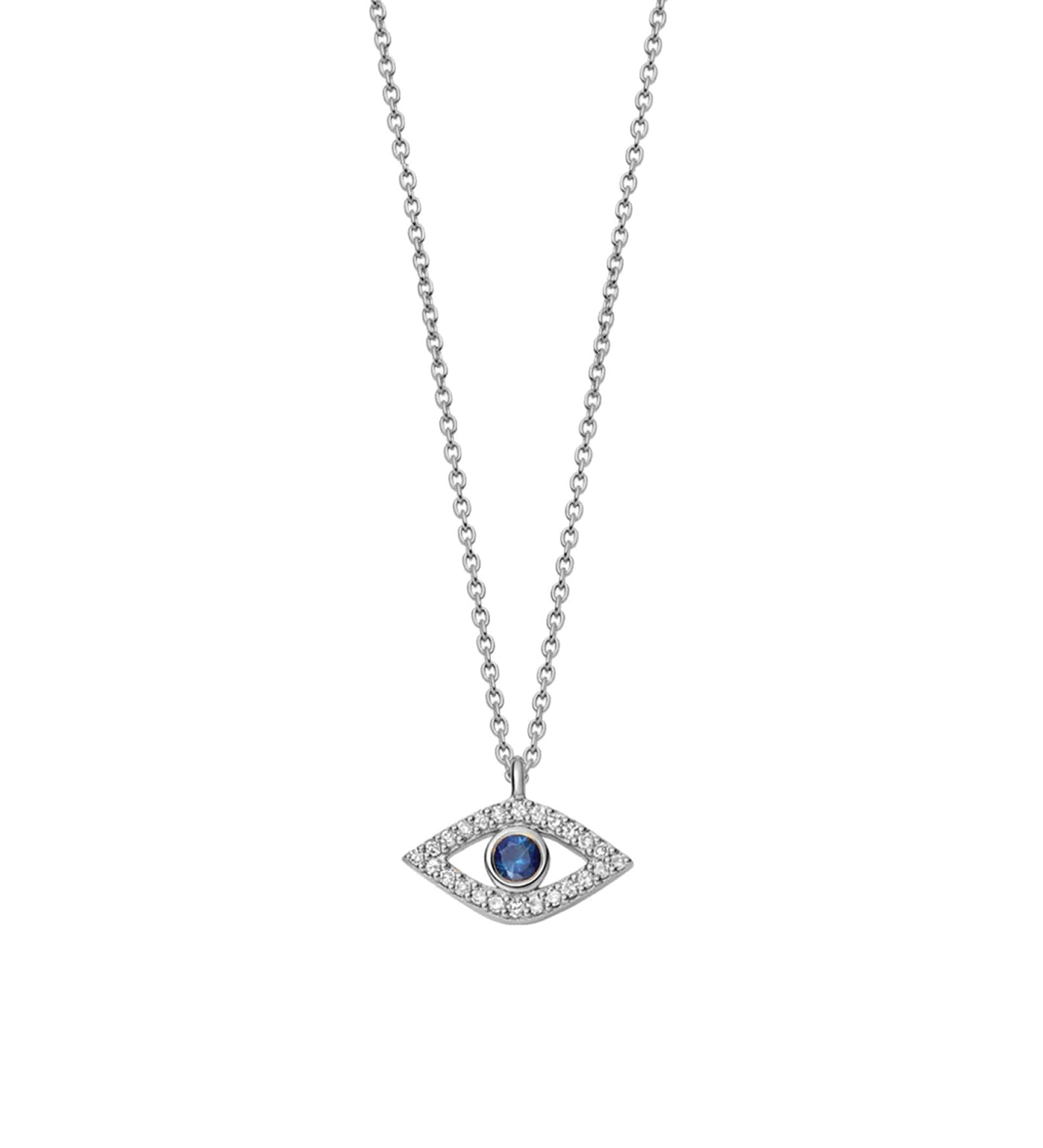 Quiet Icon-Evil Eye CZ Necklace-Necklaces-Rhodium Plated Sterling Silver, White Cubic Zirconia, Blue Cubic Zirconia-Blue Ruby Jewellery-Vancouver Canada