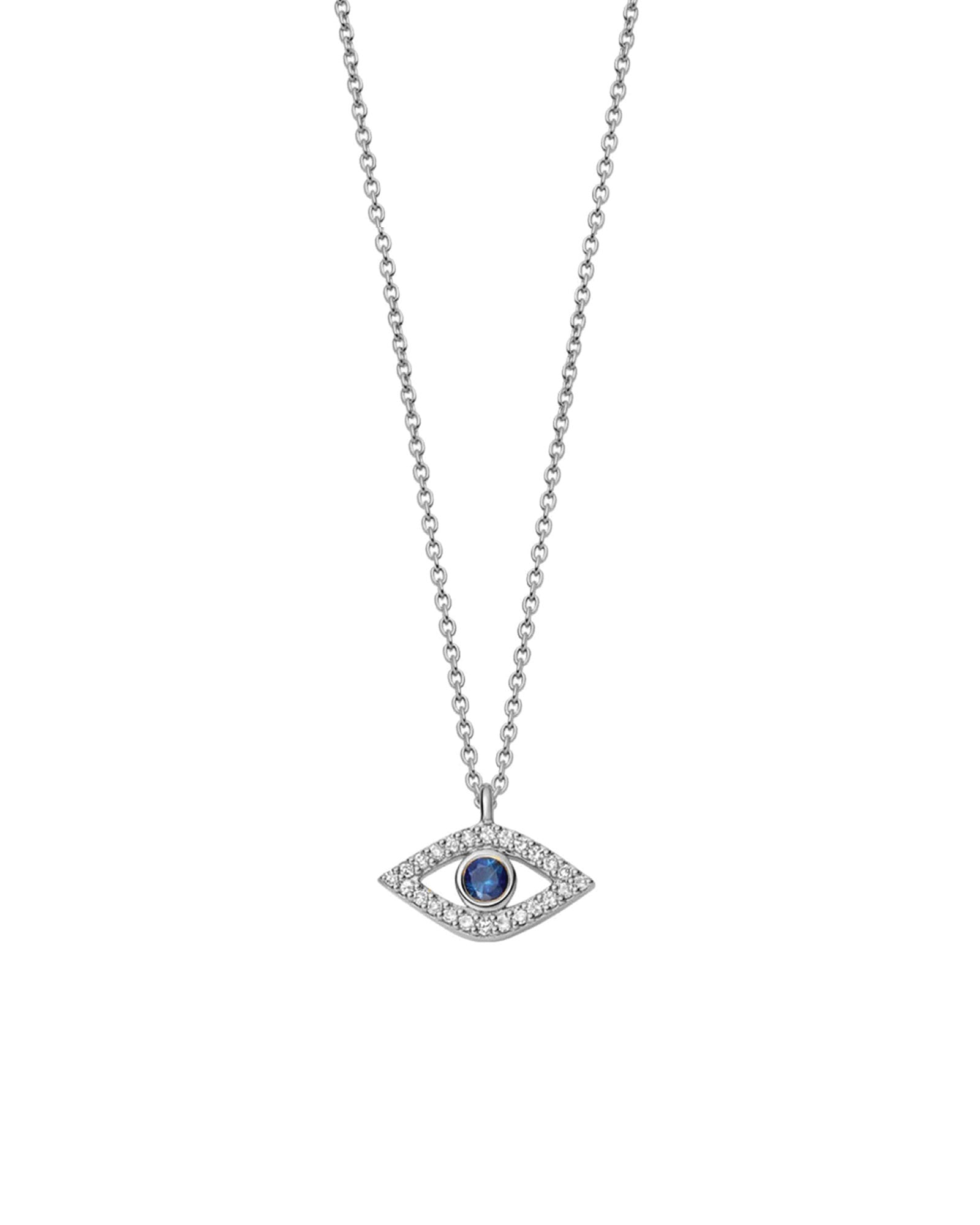 Quiet Icon-Evil Eye CZ Necklace-Necklaces-Rhodium Plated Sterling Silver, White Cubic Zirconia, Blue Cubic Zirconia-Blue Ruby Jewellery-Vancouver Canada