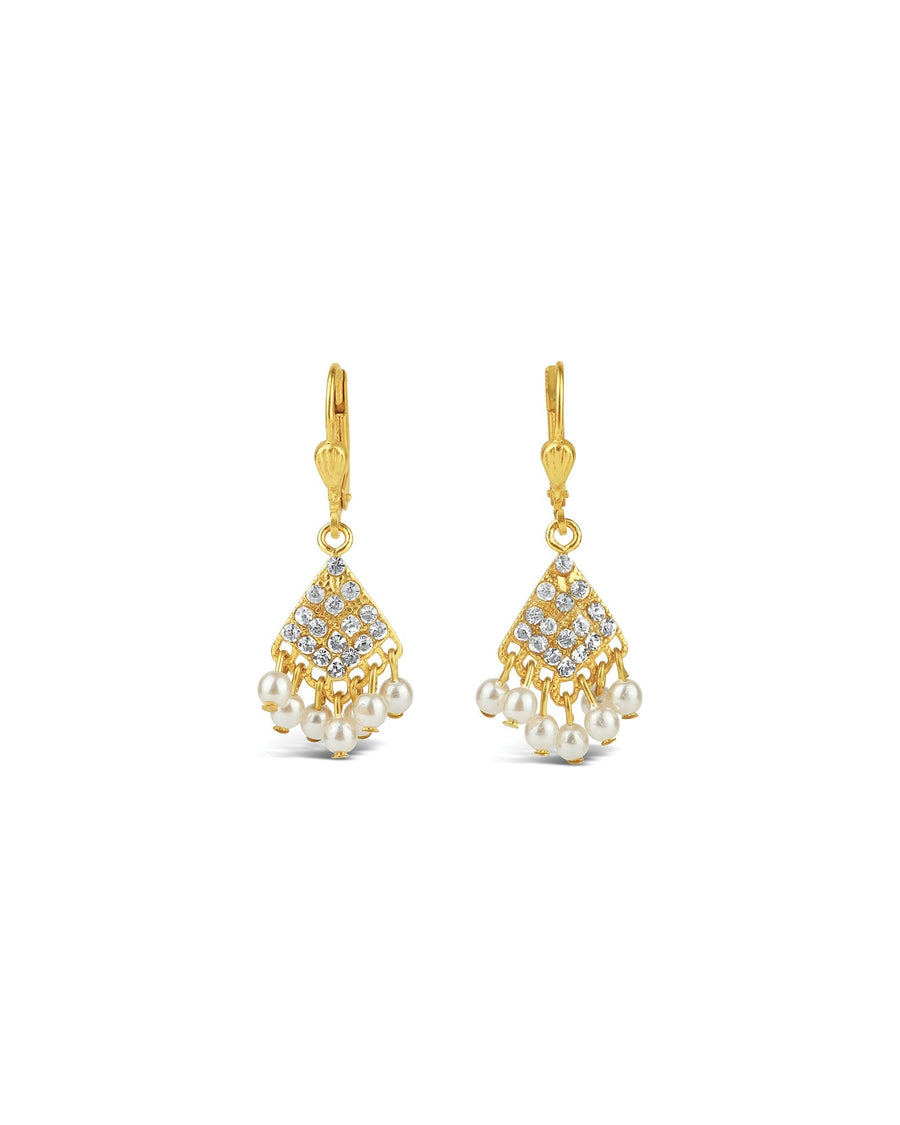 La Vie Parisienne-Fan Crystal Drop Hooks-Earrings-14k Gold Plated, Black Diamond Crystal, White Pearl-Blue Ruby Jewellery-Vancouver Canada