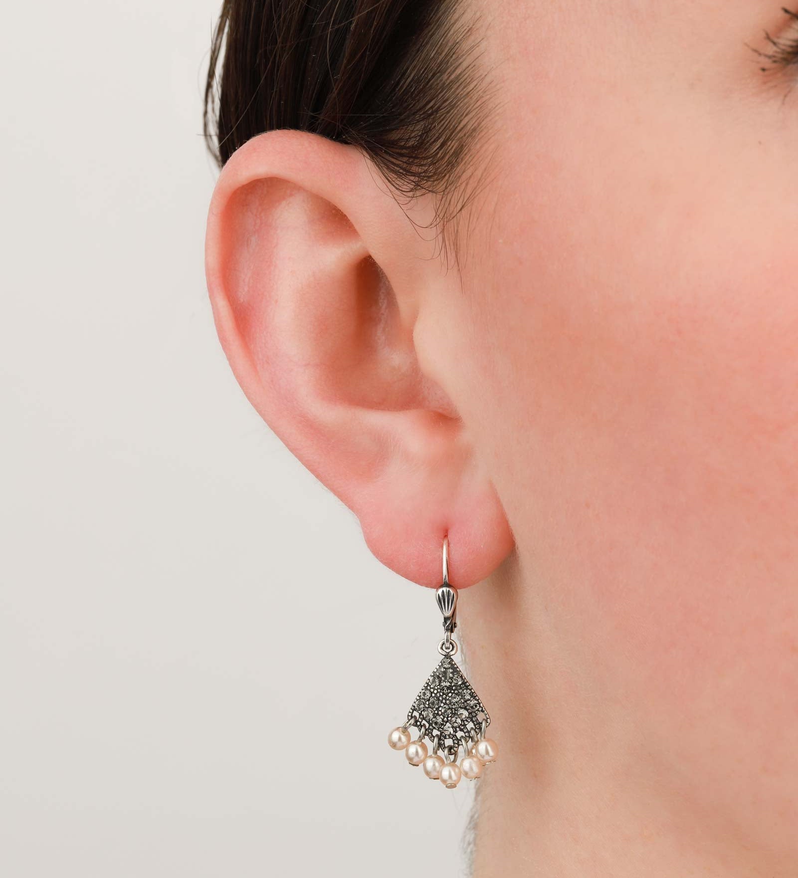 La Vie Parisienne-Fan Crystal Drop Hooks-Earrings-Sterling Silver Plated, White Pearls, Black Diamond Crystal-Blue Ruby Jewellery-Vancouver Canada