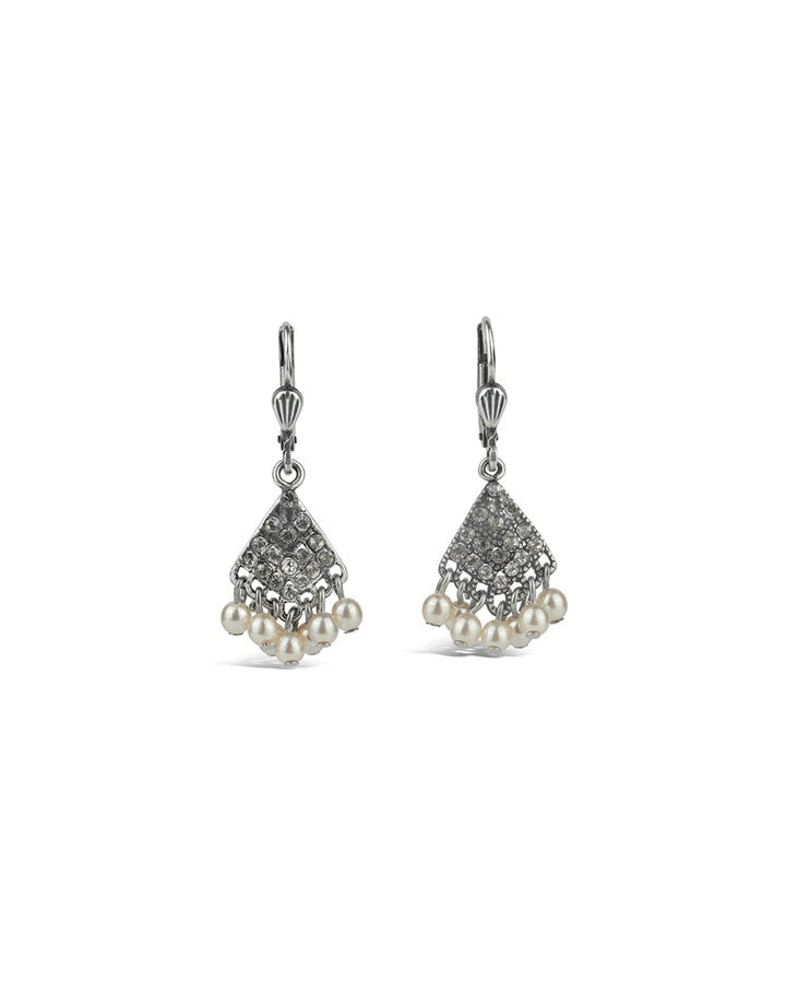 La Vie Parisienne-Fan Crystal Drop Hooks-Earrings-Sterling Silver Plated, White Pearls, Black Diamond Crystal-Blue Ruby Jewellery-Vancouver Canada