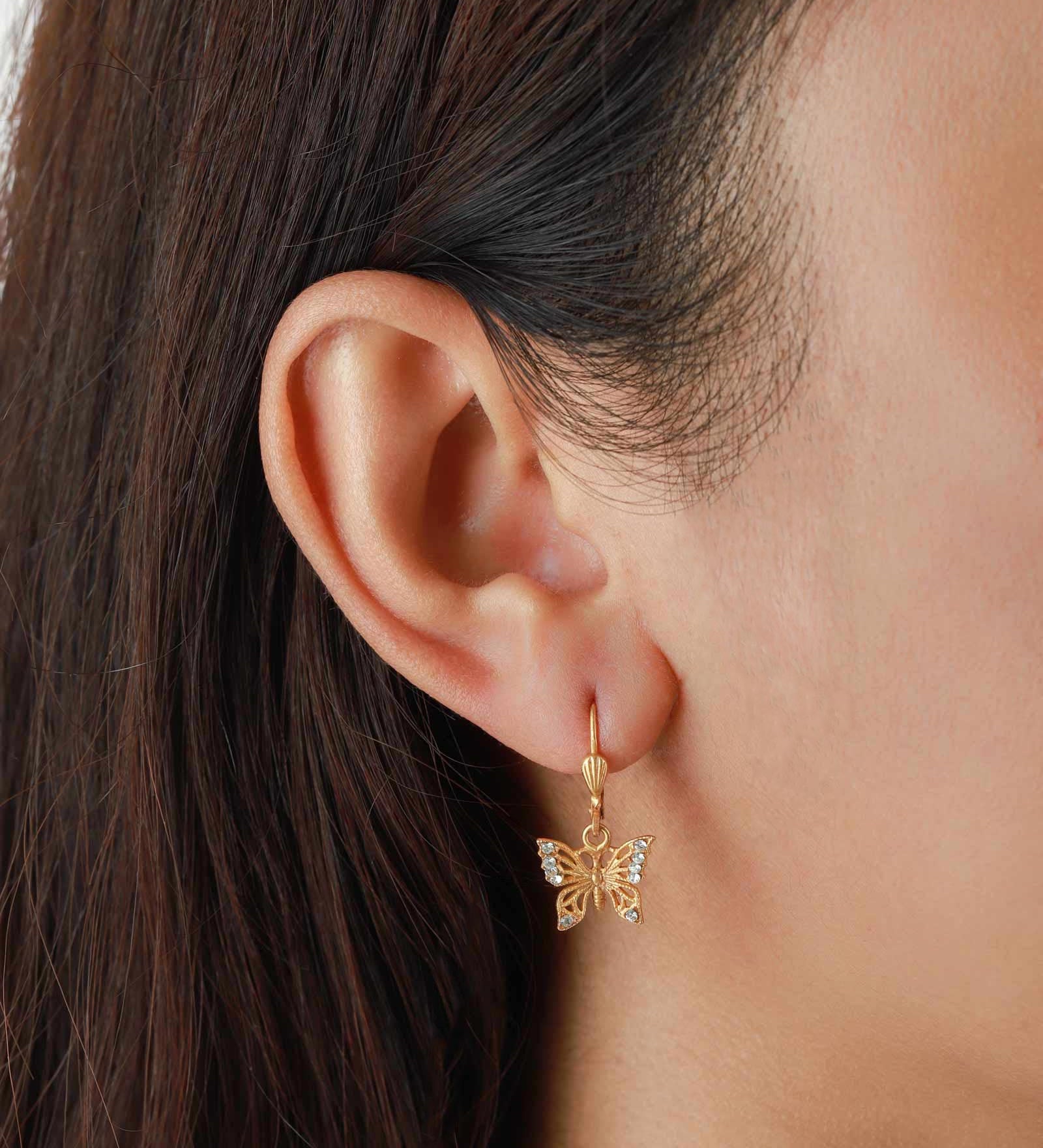 La Vie Parisienne-Filigree Butterfly Hooks-Earrings-14k Gold Plated, White Crystal-Blue Ruby Jewellery-Vancouver Canada