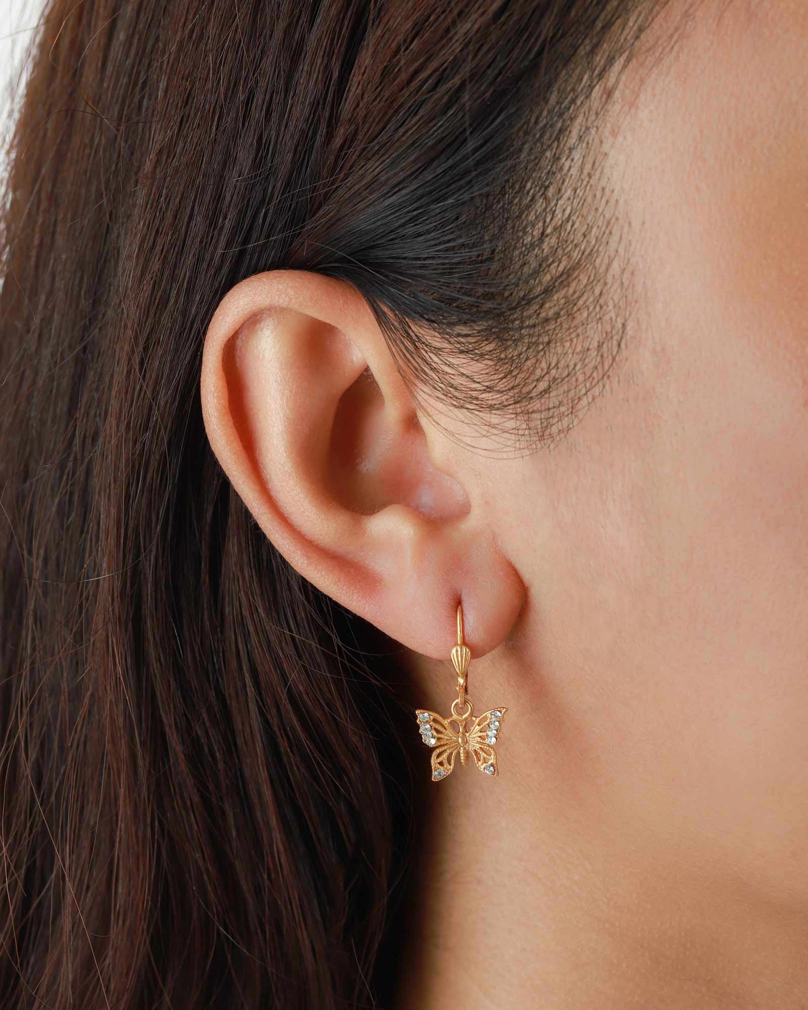 La Vie Parisienne-Filigree Butterfly Hooks-Earrings-14k Gold Plated, White Crystal-Blue Ruby Jewellery-Vancouver Canada