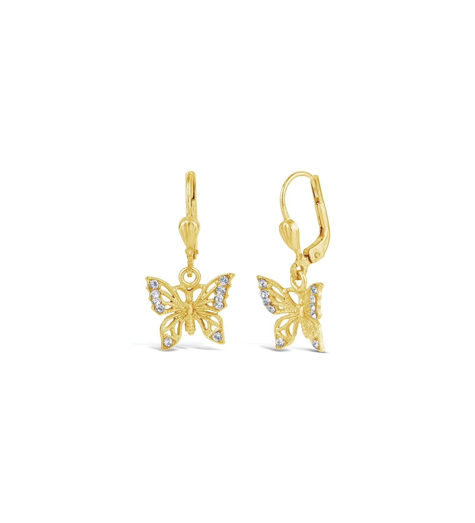 La Vie Parisienne-Filigree Butterfly Hooks-Earrings-14k Gold Plated, White Crystal-Blue Ruby Jewellery-Vancouver Canada